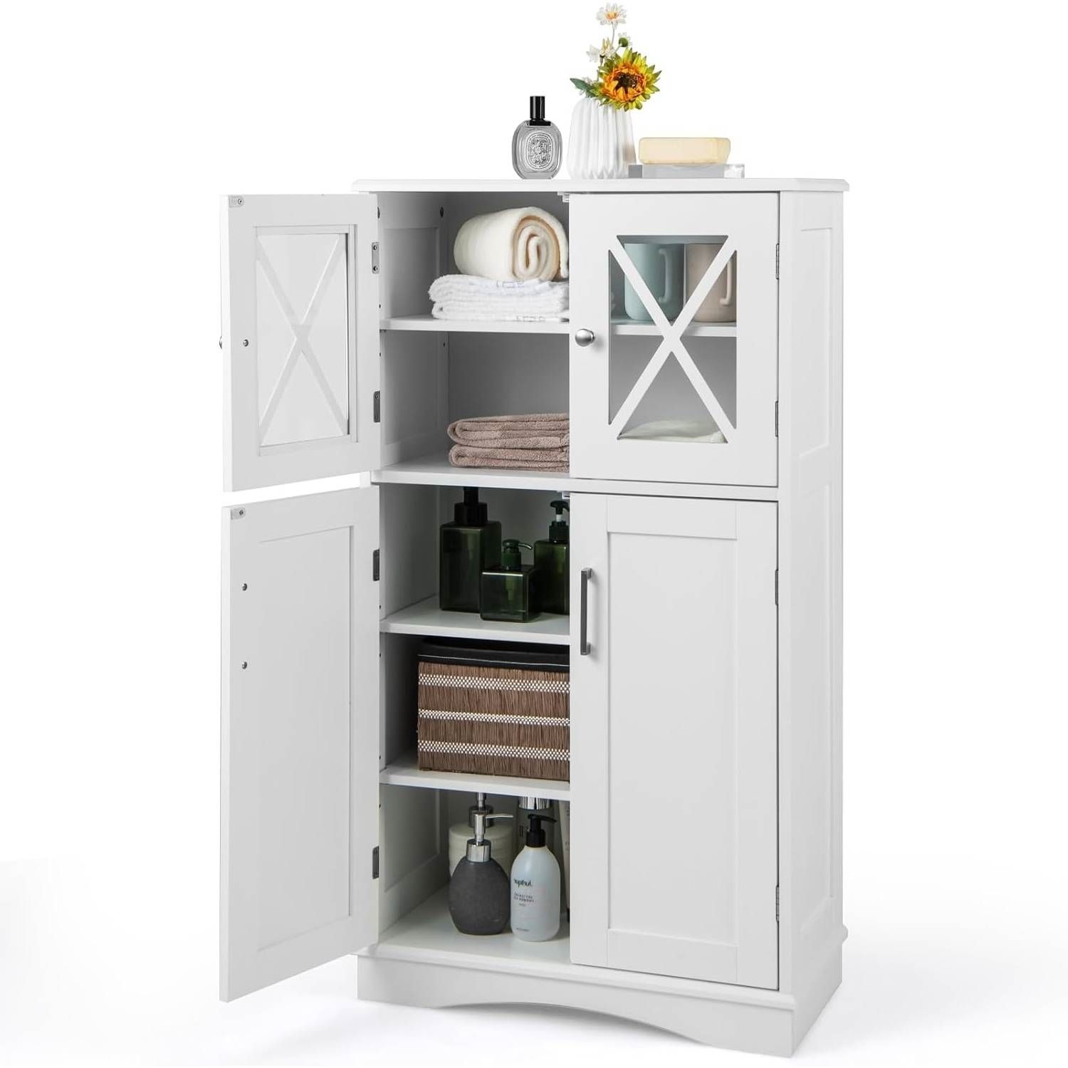 Slickblue Modern Bathroom Linen Storage - Black/Gray/White Free-Standing Cabinet with Adjustable Shelves and Glass Doors - Ideal for Bathroom Kitchen or Living Room