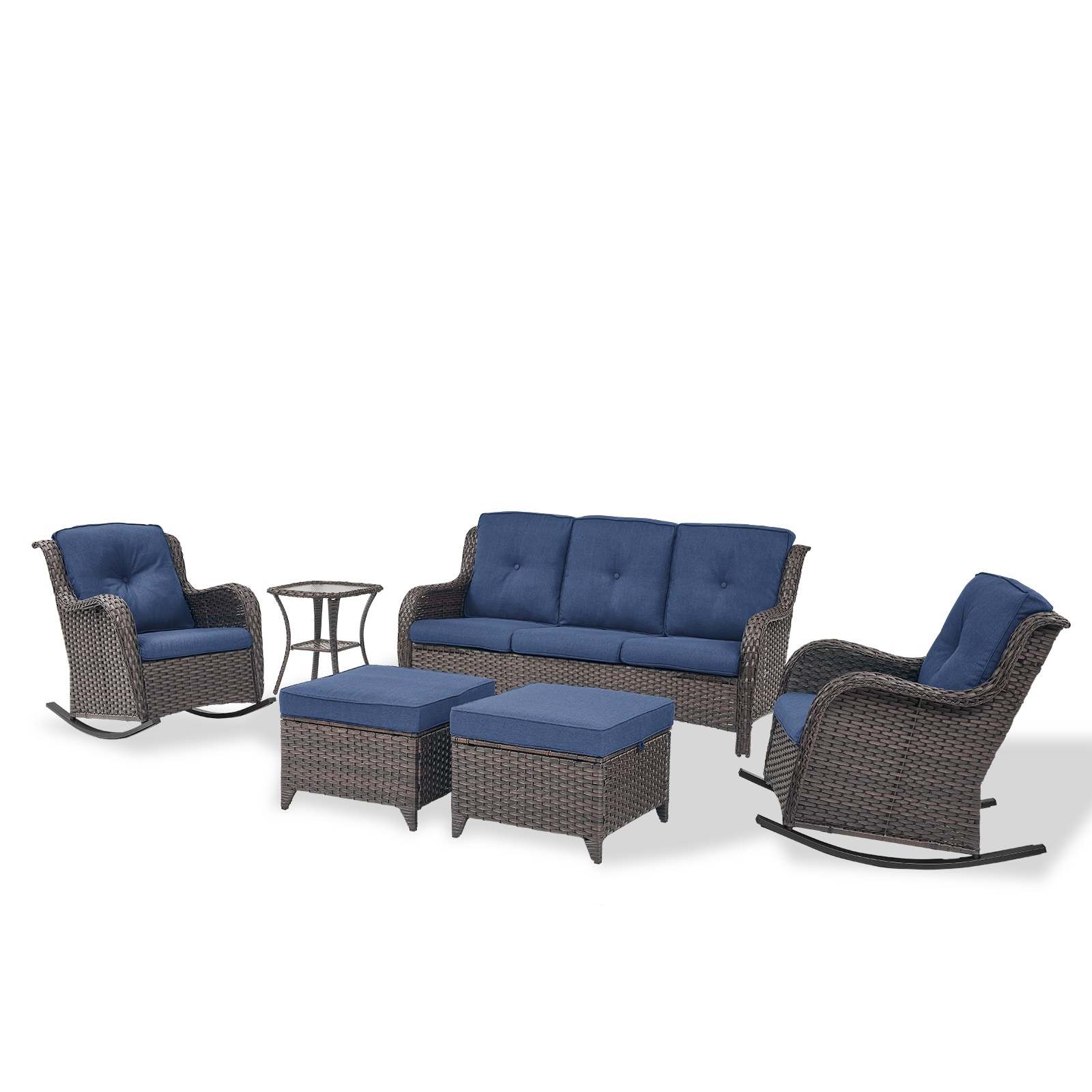 Curved handrail 6 -Piece Wicker Patio Sofa Conversation Set with Blue Cushions