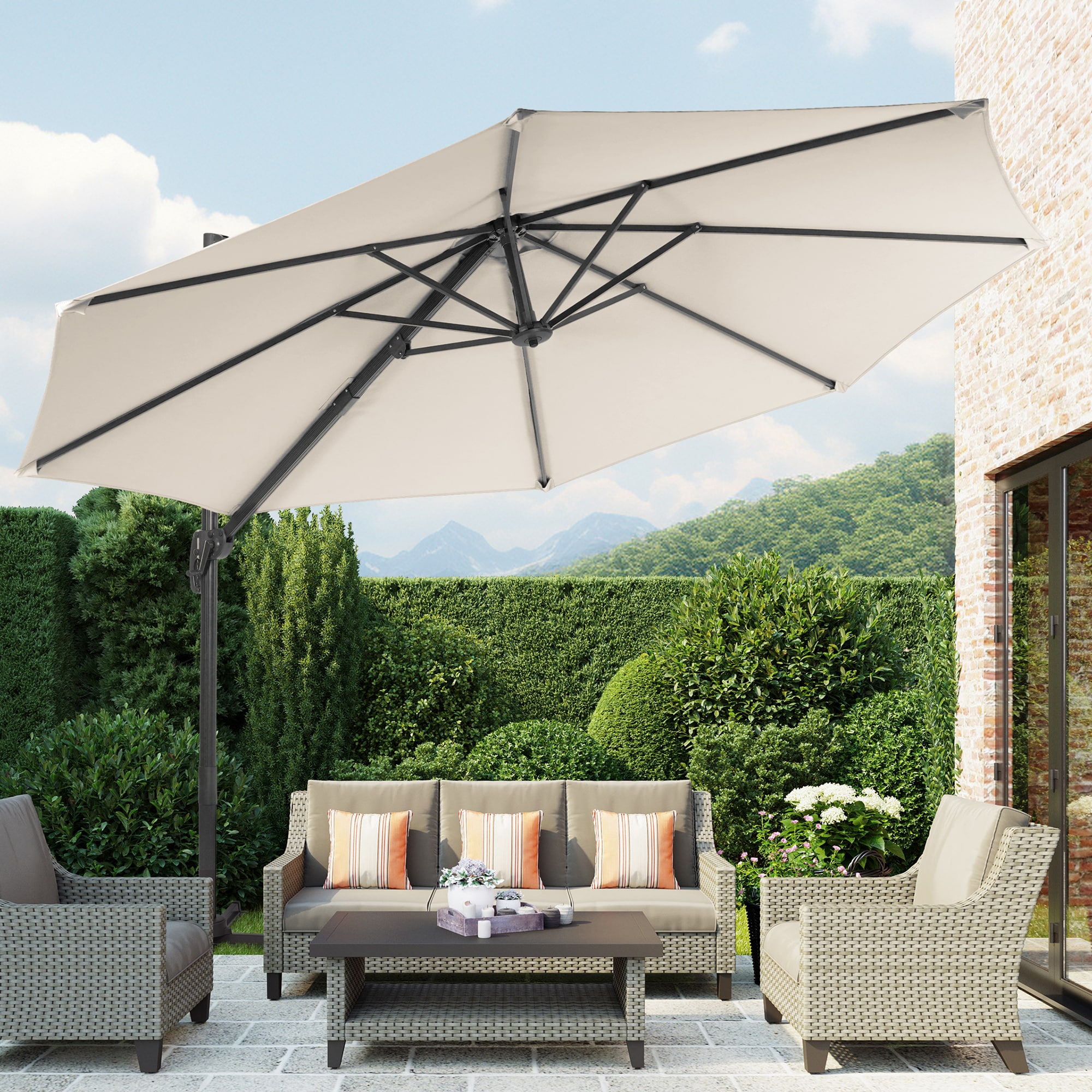 Sonkuki SD-MN335SD 11-ft Aluminum Off-white No-tilt Cantilever Patio Umbrella