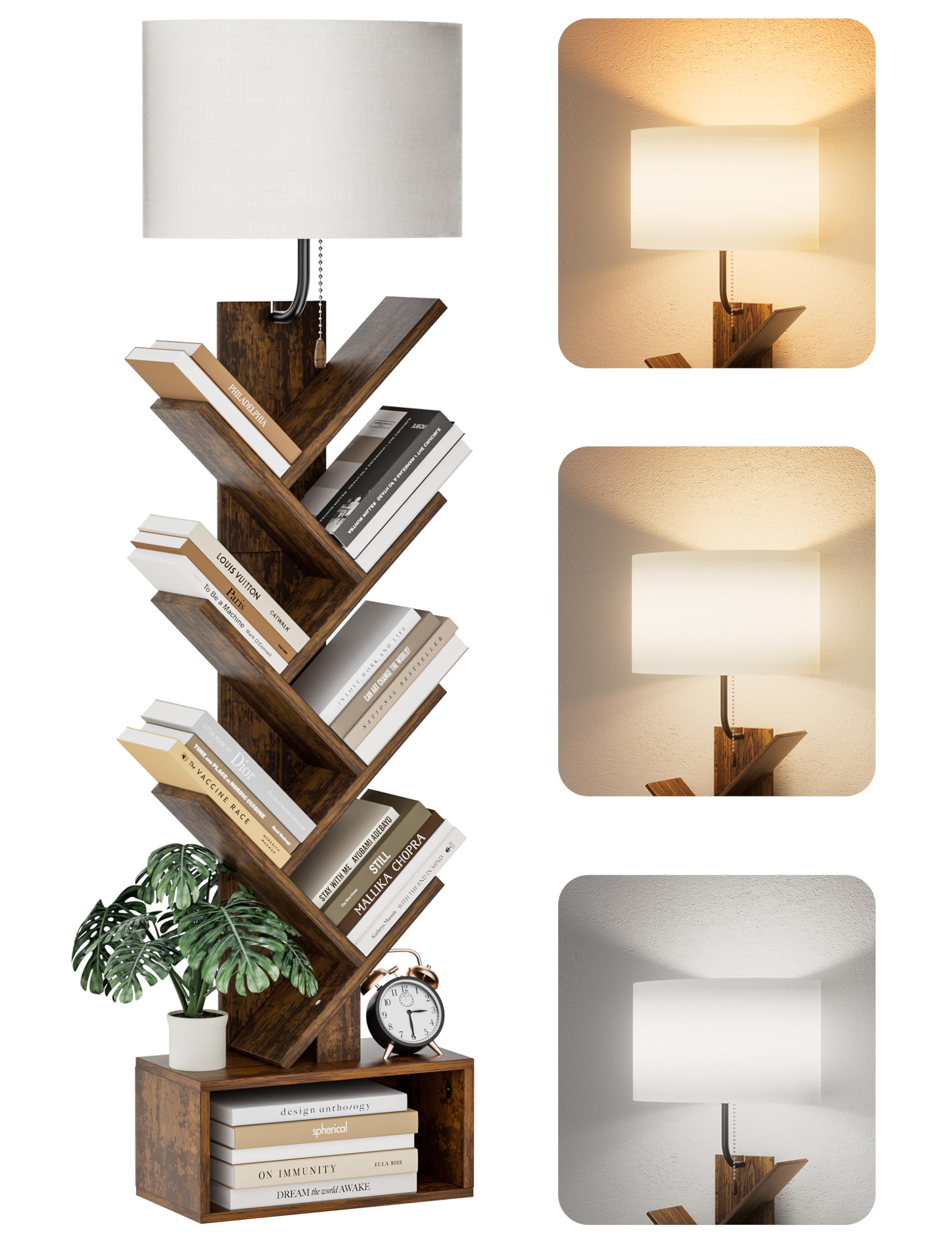 Aoibox  1 Piece 6 Tier Tree Bookshelf with Lights 14.9 in L x 7.9 in D x 57.7 in H Corner Tall Narrow Bookcase with Storage Cabinet for Bedroom Living Room Home Office Rustic Brown