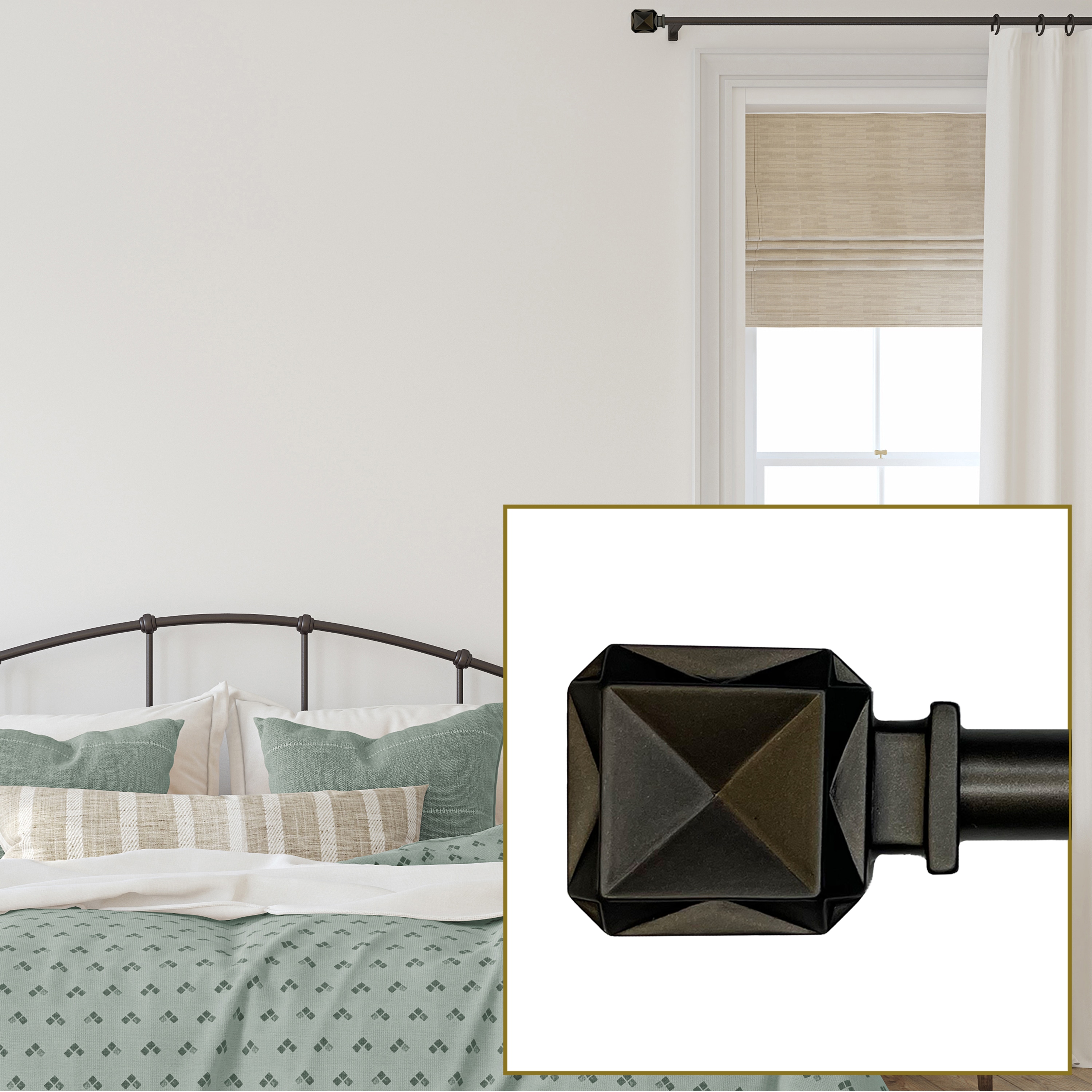 Matte Bronze Adjustable Curtain Rod with Square Finials