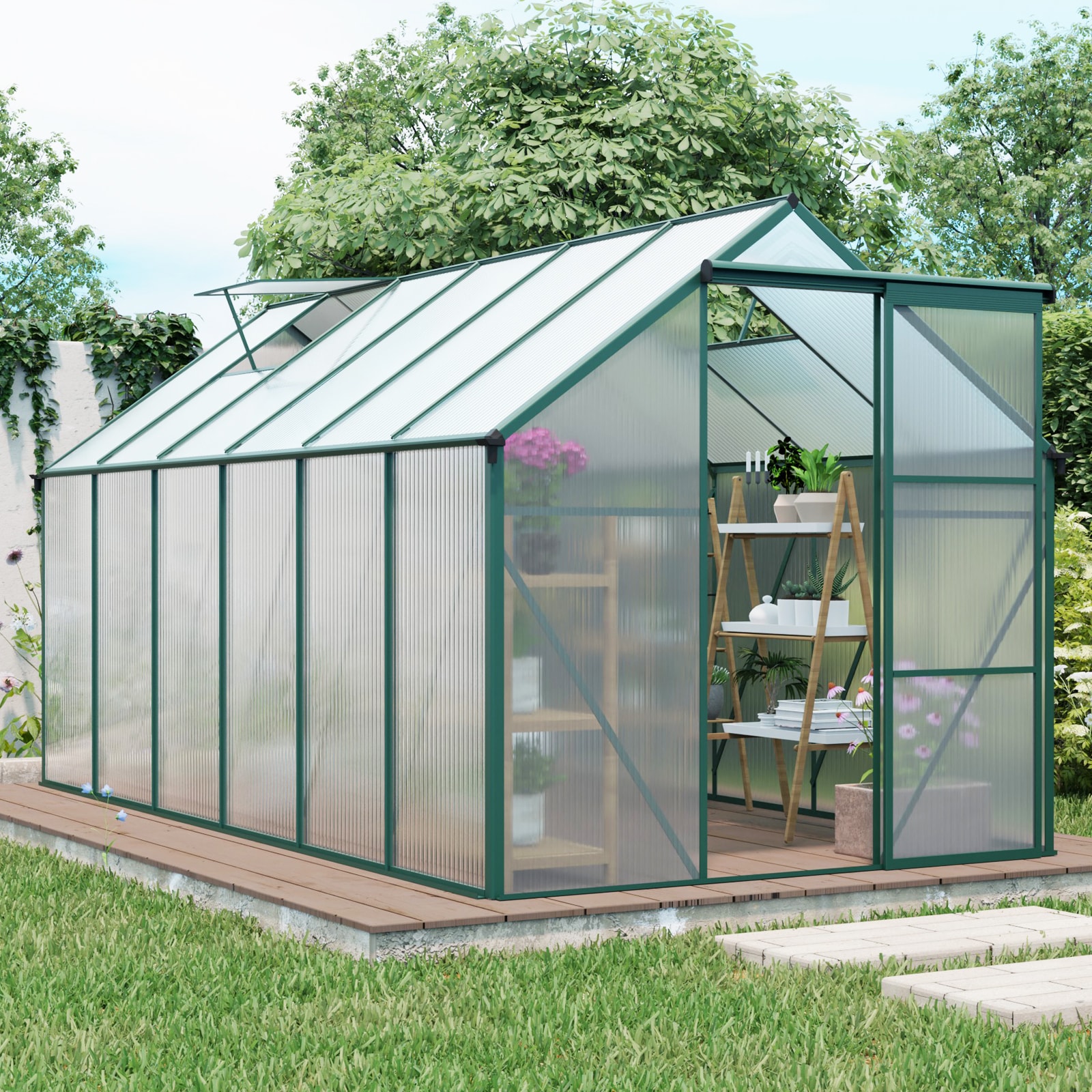 GDFStudio Outdoor 6x12 FT Polycarbonate Heavy Duty Walk In Greenhouse with Aluminum Frame Raised Base Anchor Sliding Door and Adjustable Roof Green
