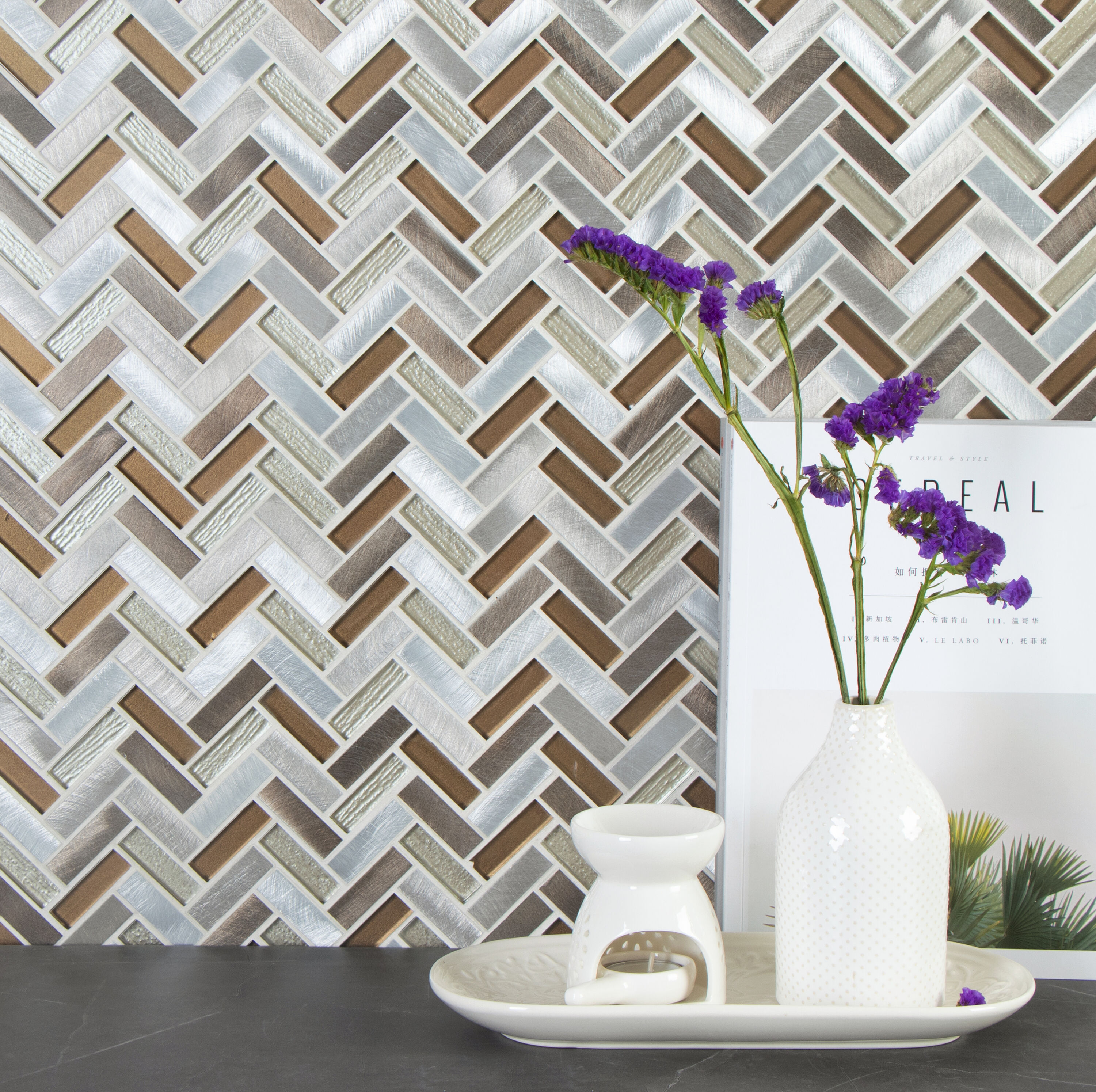 Twilight Series Multicolor Chevron Glass and Metal Mosaic Tile