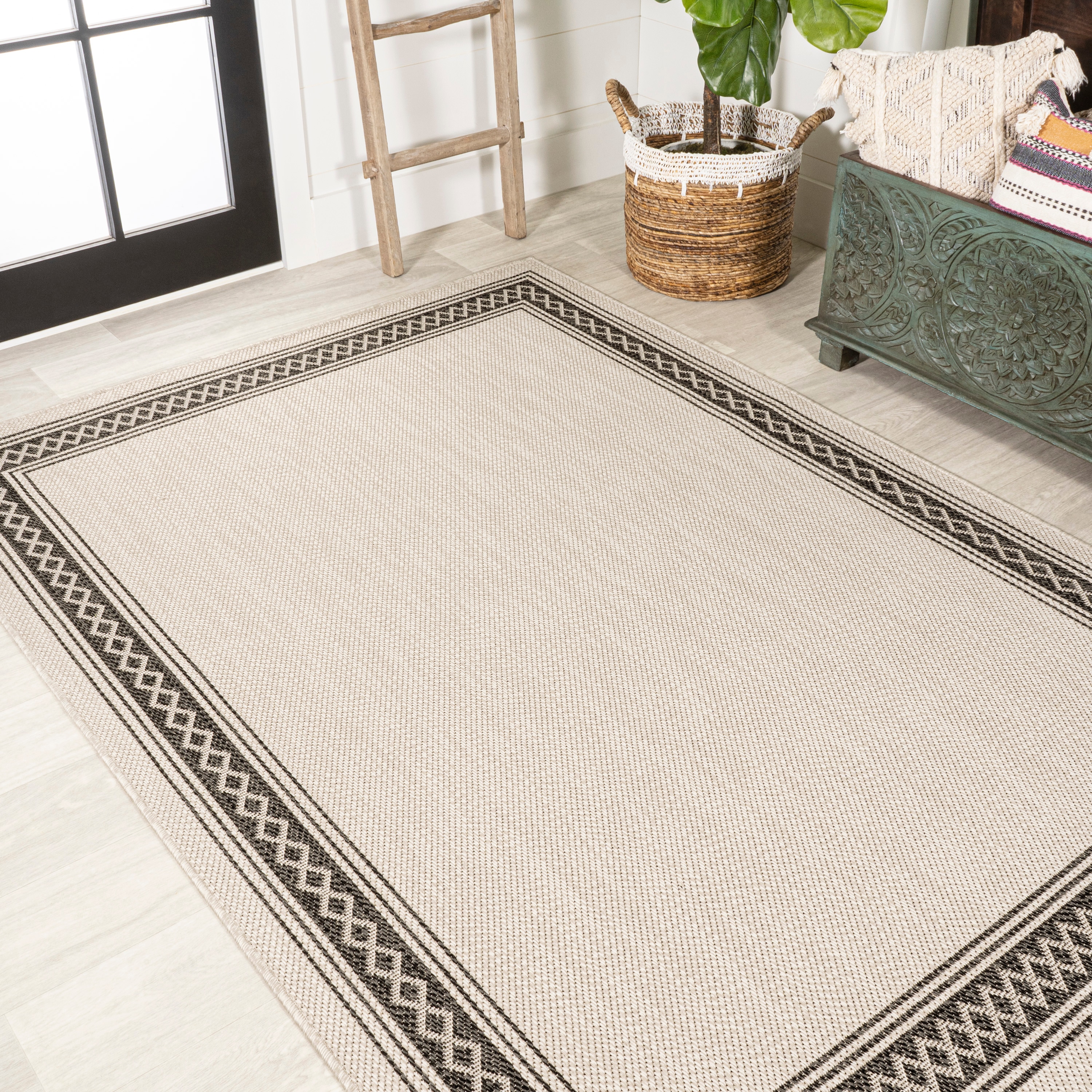 Lucia Modern Diamond Border Cream/Black 8' x 10' Indoor/Outdoor Rug