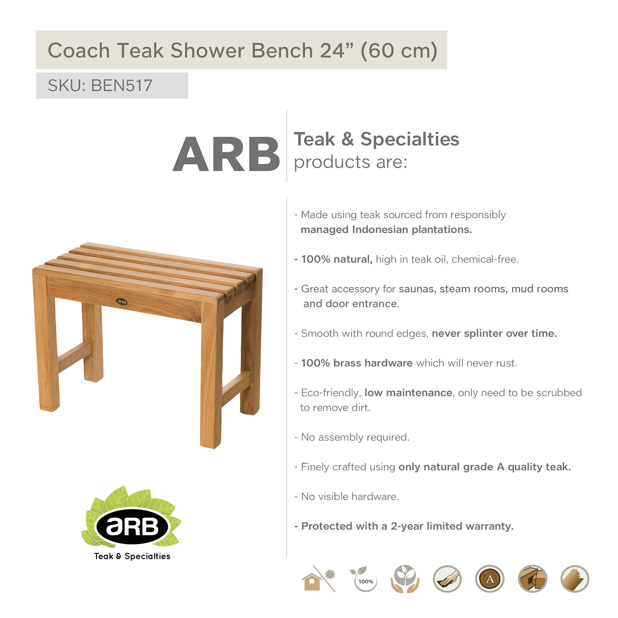 Elegant Teak Spa Safety Shower Bench - 23.5" Height