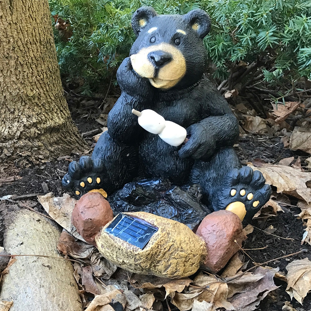 Solar-Powered LED Black Bear Resin Lawn Ornament, 10.8-inch