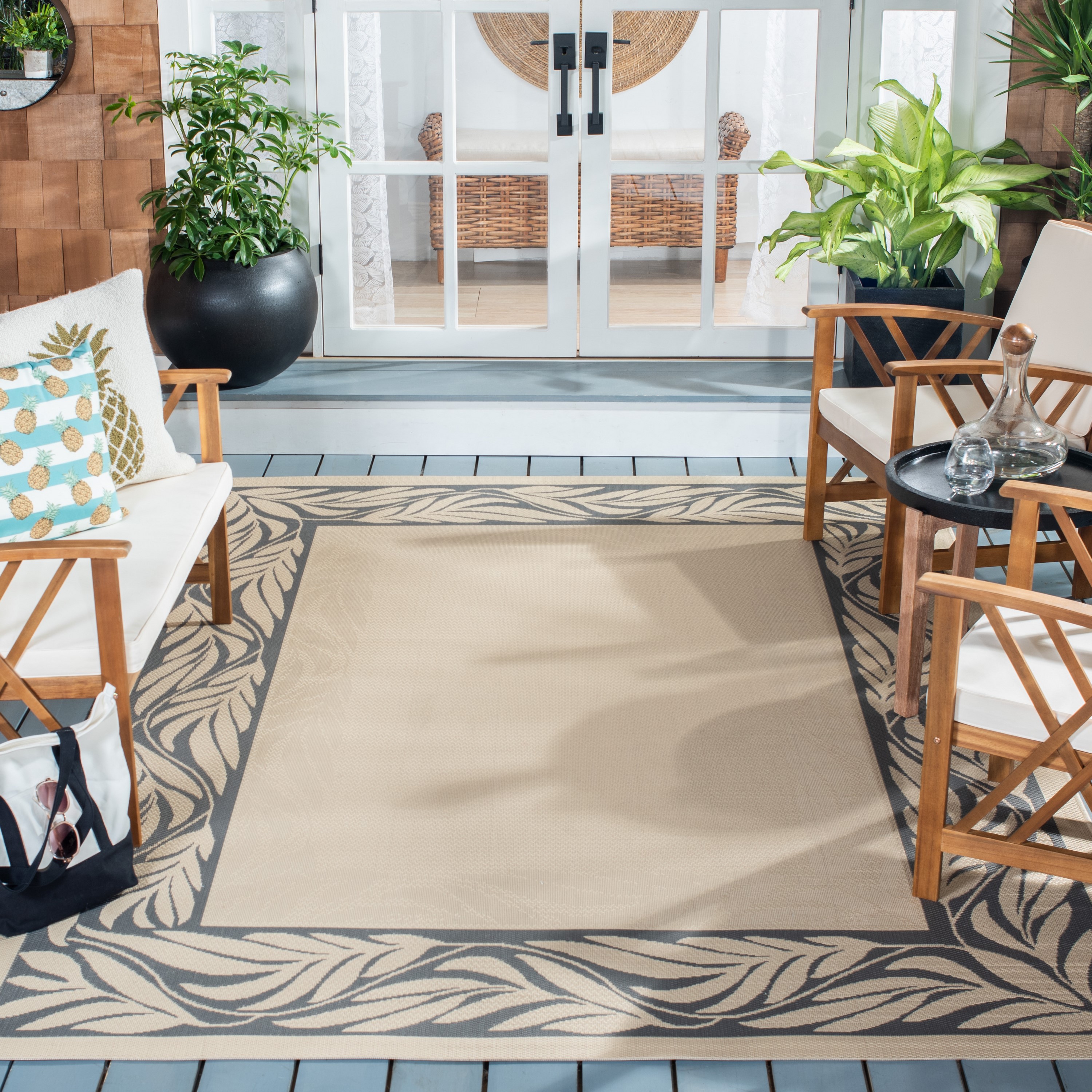 Safavieh CY1551-3301-5 Courtyard Wreaths 5 x 8 (ft) Loomed Polypropylene Sand/Gray Rectangular Indoor/Outdoor Border Coastal Area rug