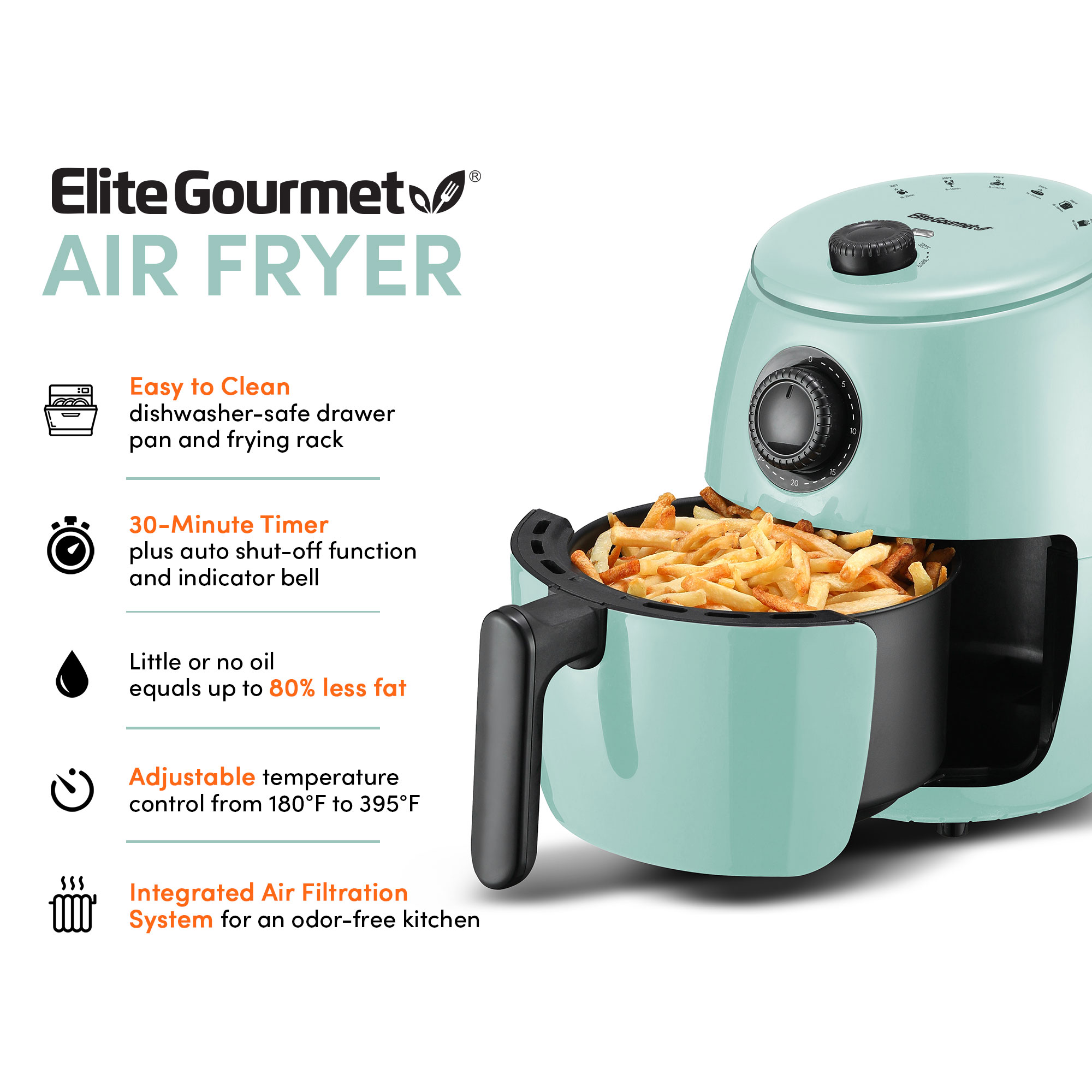 Elite Gourmet 2.1qt Hot Air Fryer Mint Blue, Adjustable Timer &  Temperature, Oil-Free Cooking
