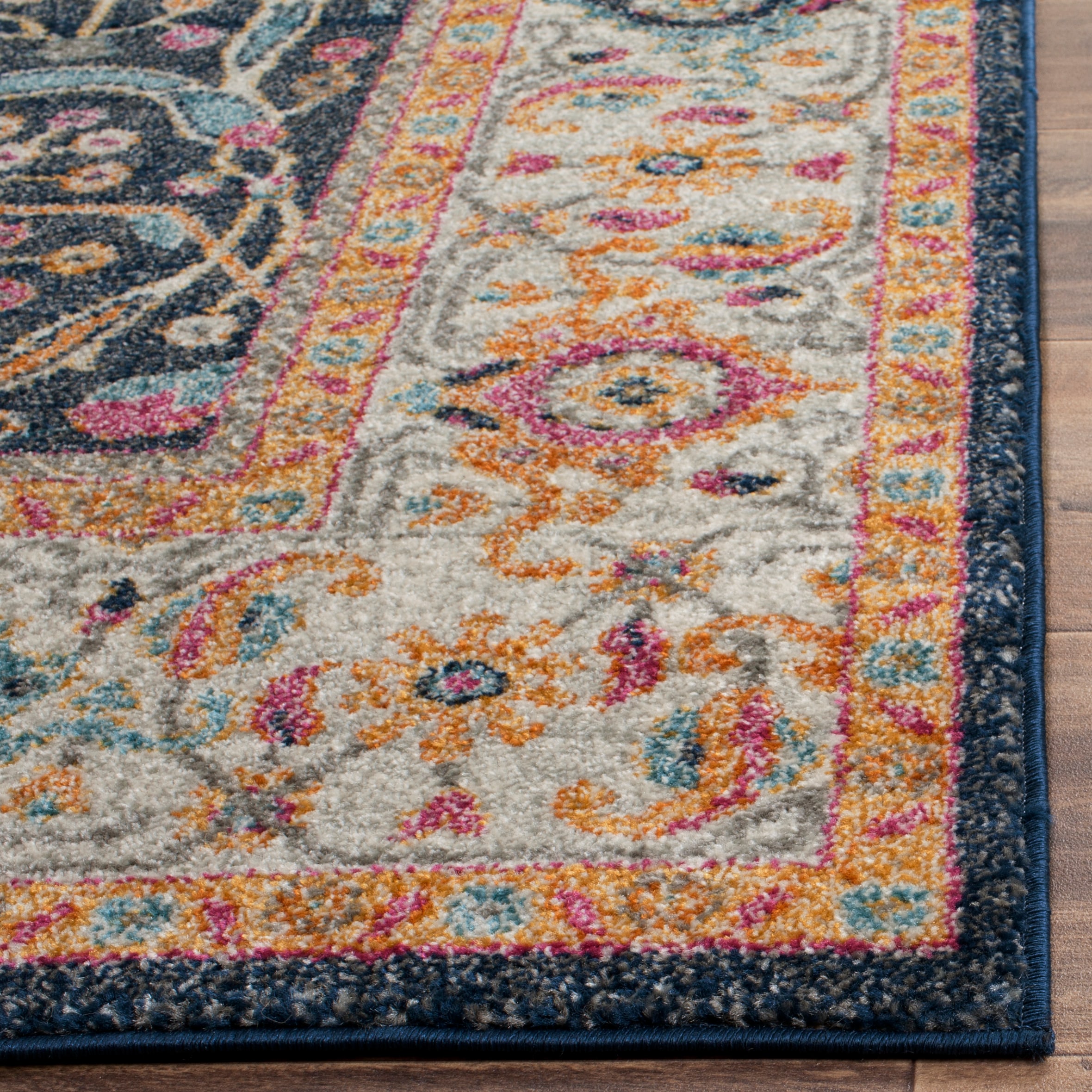 Navy and Creme Floral Motif Low Pile Area Rug