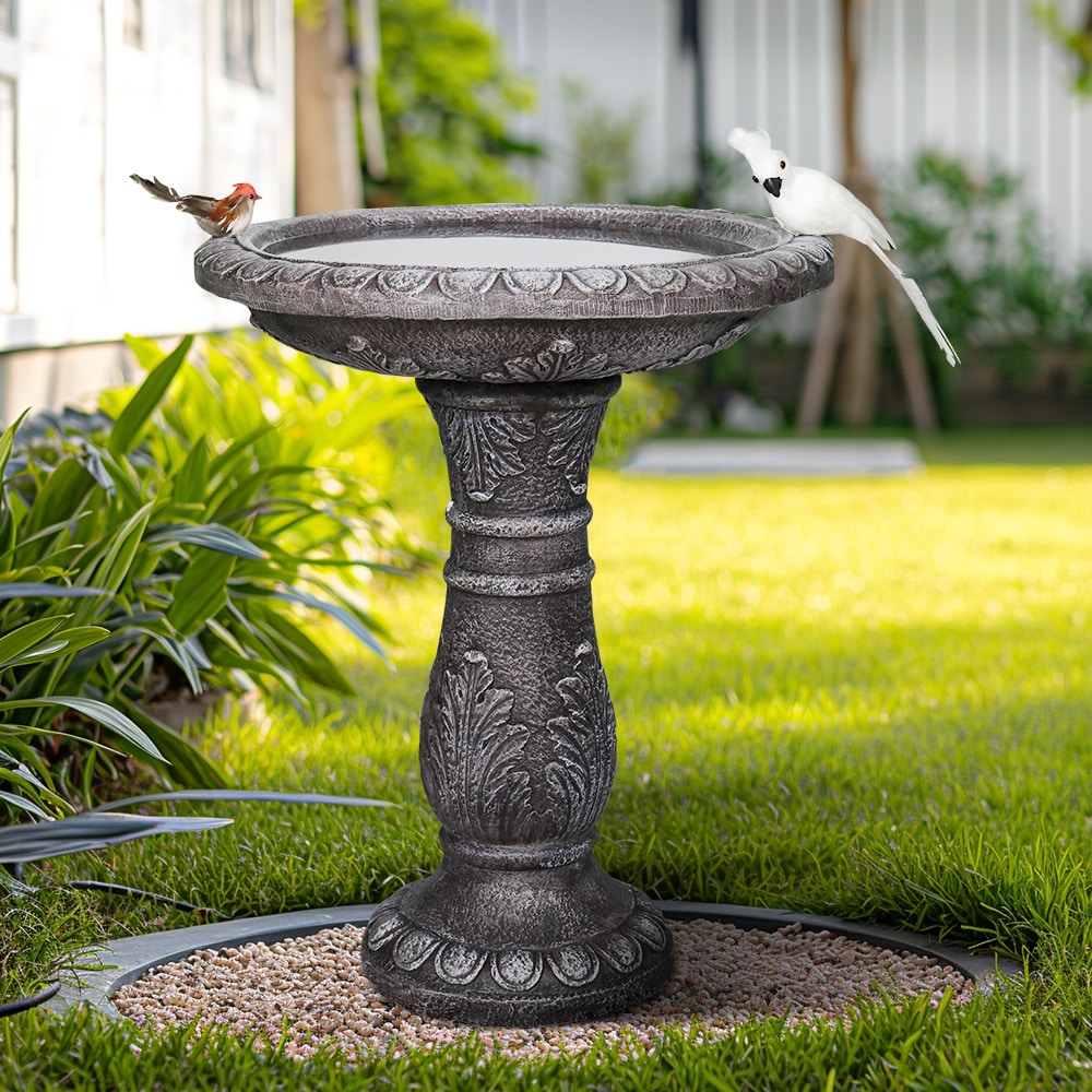 Watnature  24.4 Inch H x 20 Inch Dia Outdoor Birdbath with Floral Pedestal Carvings Fibre Reinforced Concrete Vintage Garden Birdbath for Yard Patio Lawn