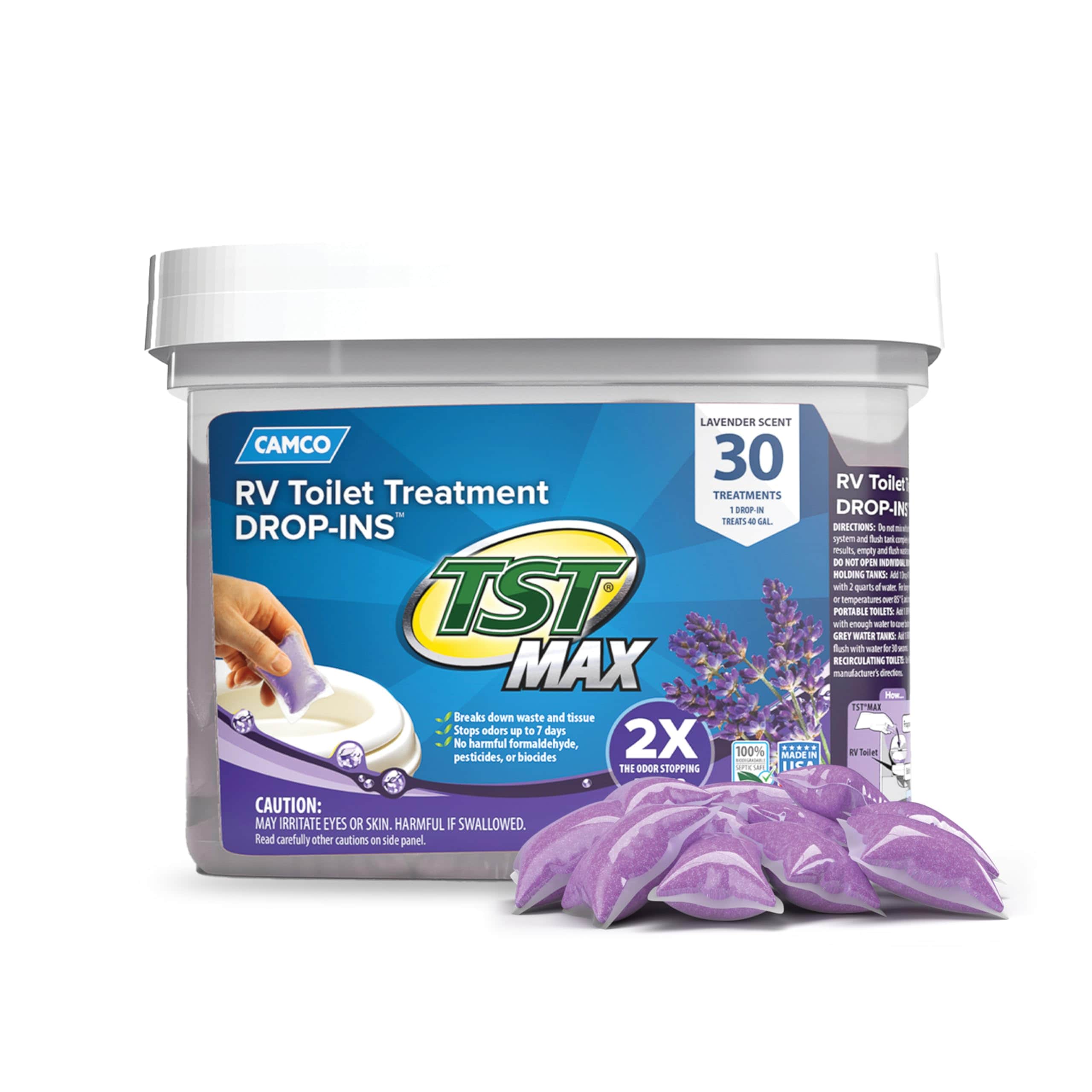 CAMCO  TST MAX RV Toilet Treatment Drop-INs - Control Unwanted Odors and Break Down Waste and Tissue - Septic Tank Safe - Lavender Scent - 30-pack (41553)