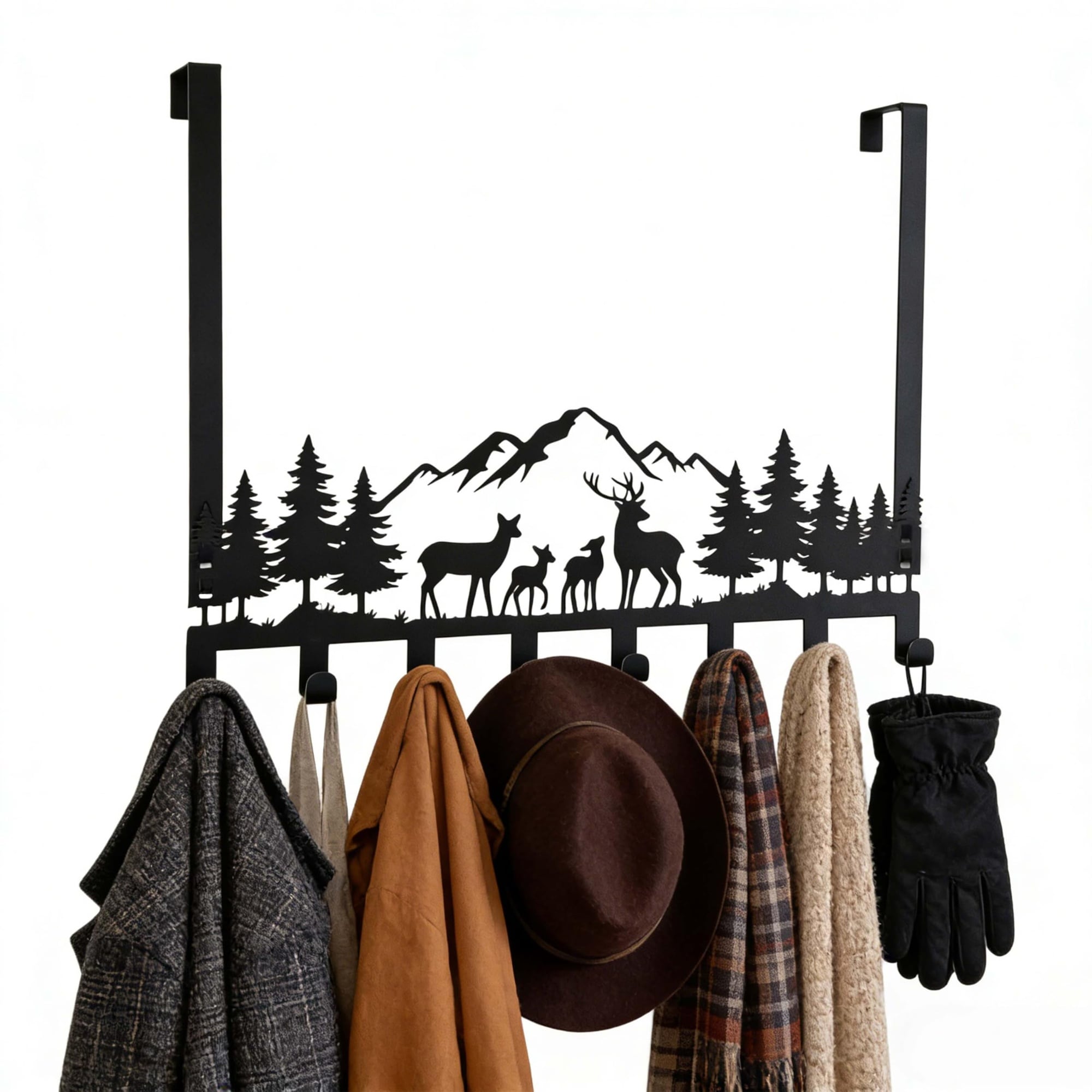 ITOPFOX Black Metal Long Over Door Hook Mountain Forest Deer Decor Overdoor Hanger Organizer with Eight Hooks for Bathroom Shower Bedroom and #LIT0811I498