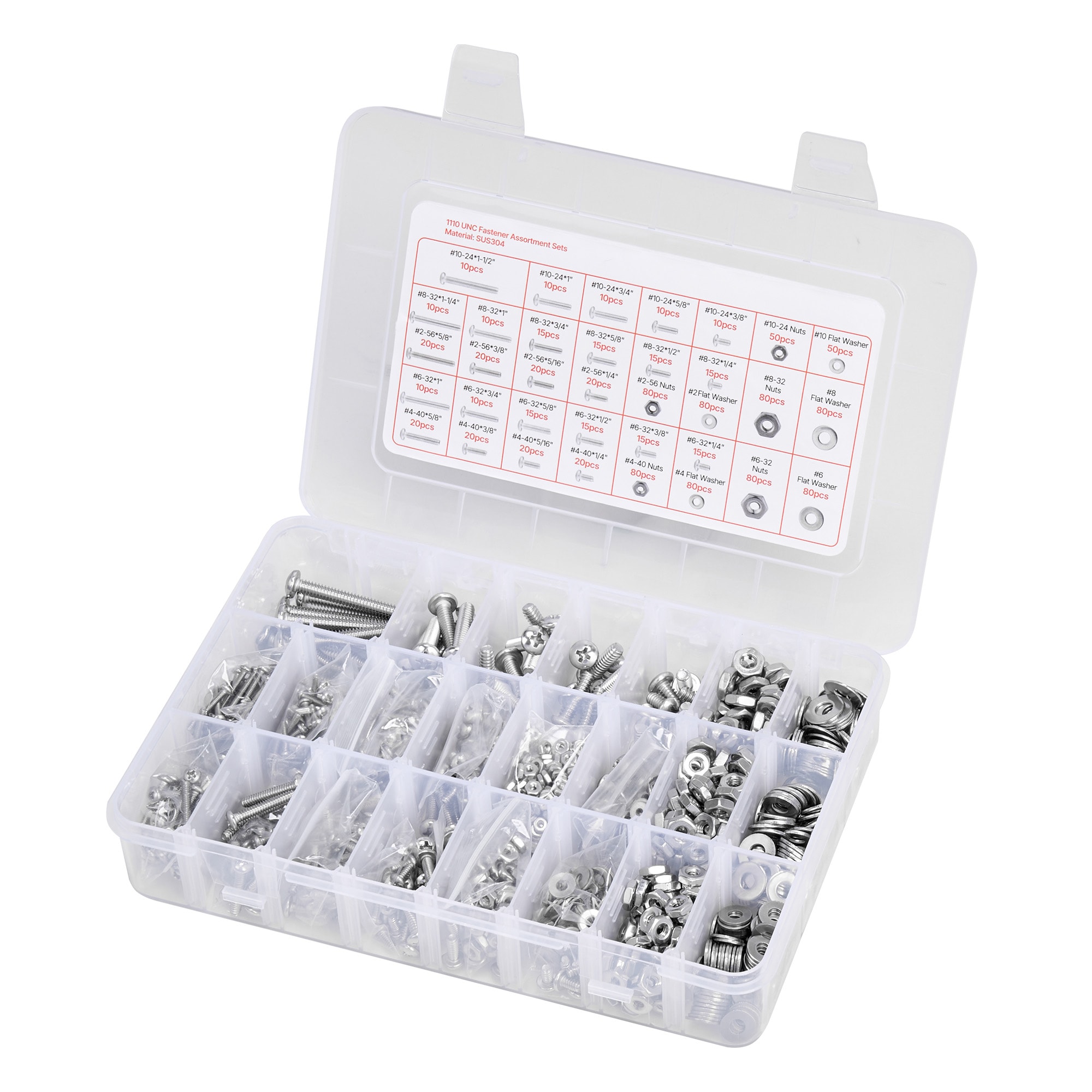 VEVOR 1110 Pcs Bolts and Nuts Assortment Kit Imperial Machine Screws and Flat Washers Stainless Steel 10-24 8-32 2-56 6-32 4-40 for Furniture /Equipment/Vehicle Assembly Silver
