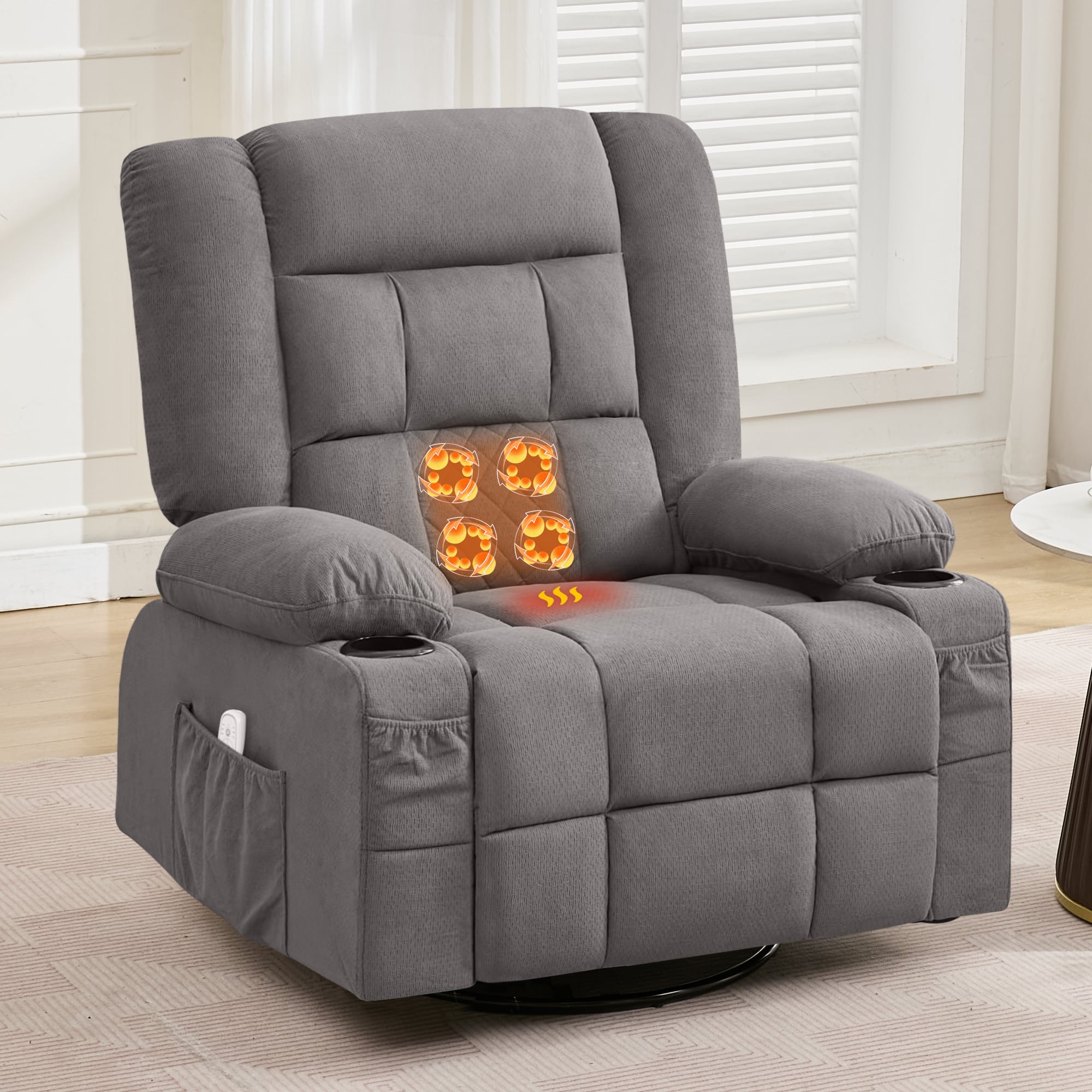 Clihome Gray Polyester Upholstered Tufted Powered Reclining Swivel rocker Zero gravity