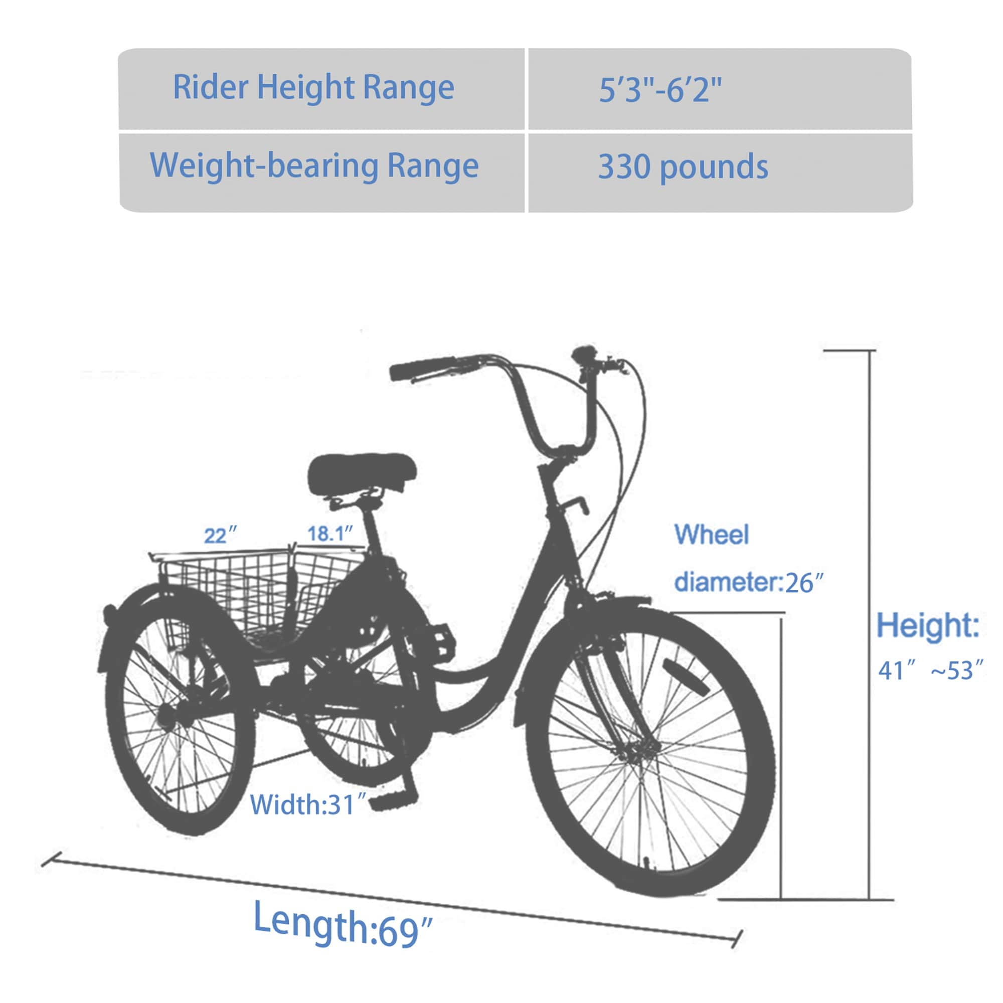 Wildaven Adult Tricycle Trikes 26 inch 3 Wheel Bikes with Full