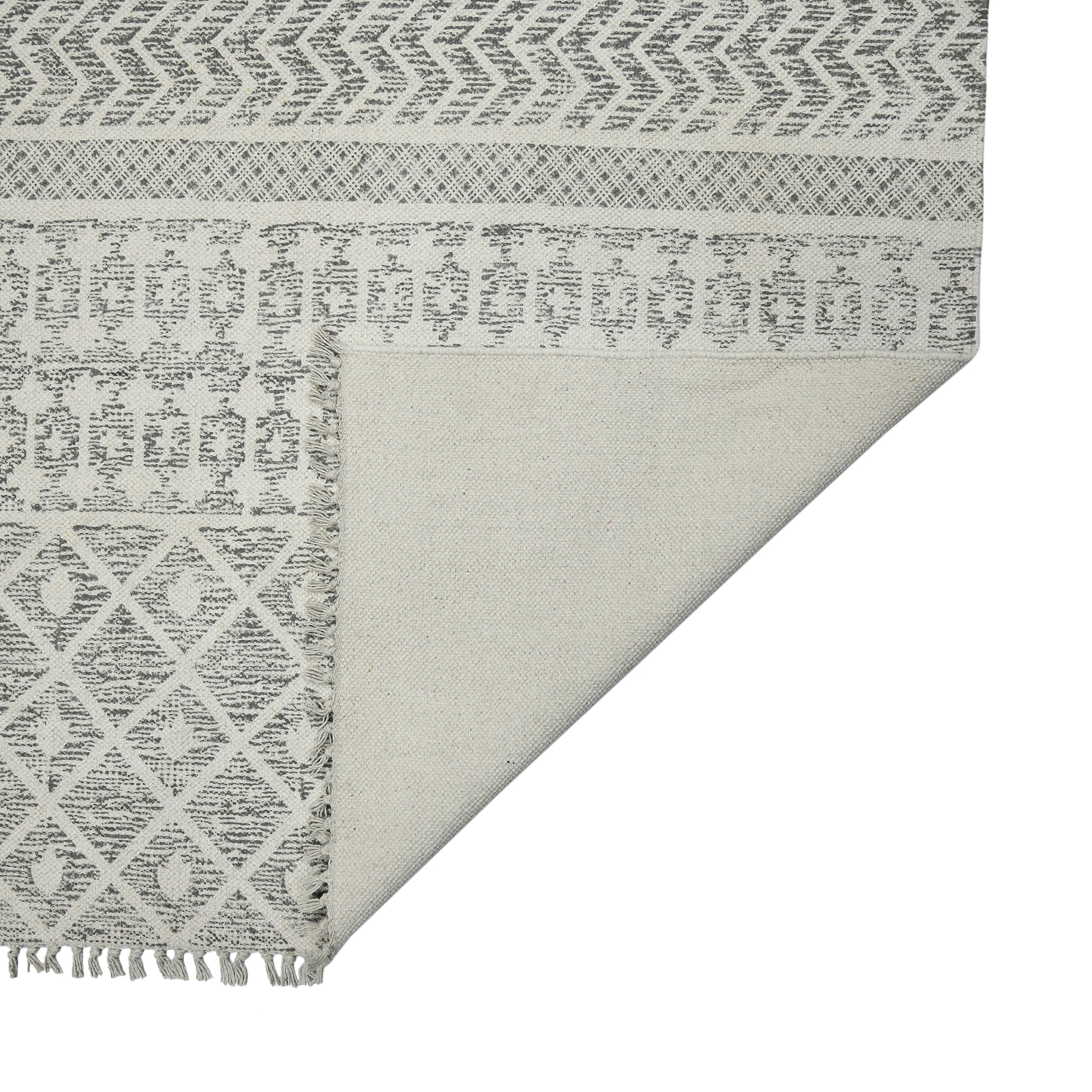Hand-Woven Cotton Gray Geometric Braided Tassel Rug 7'6" x 10'