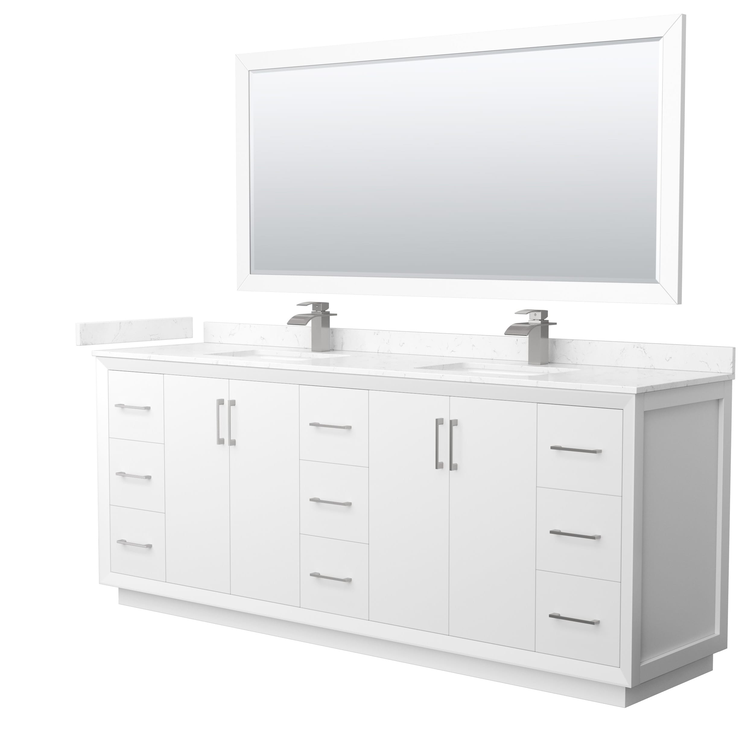 Wyndham Collection WCF414184DWHC2UNSM70 Strada 84-in White with Brushed Nickel Trim Undermount Double sink Bathroom Vanity with Carrara cultured marble Cultured marble Top (Mirror Included)