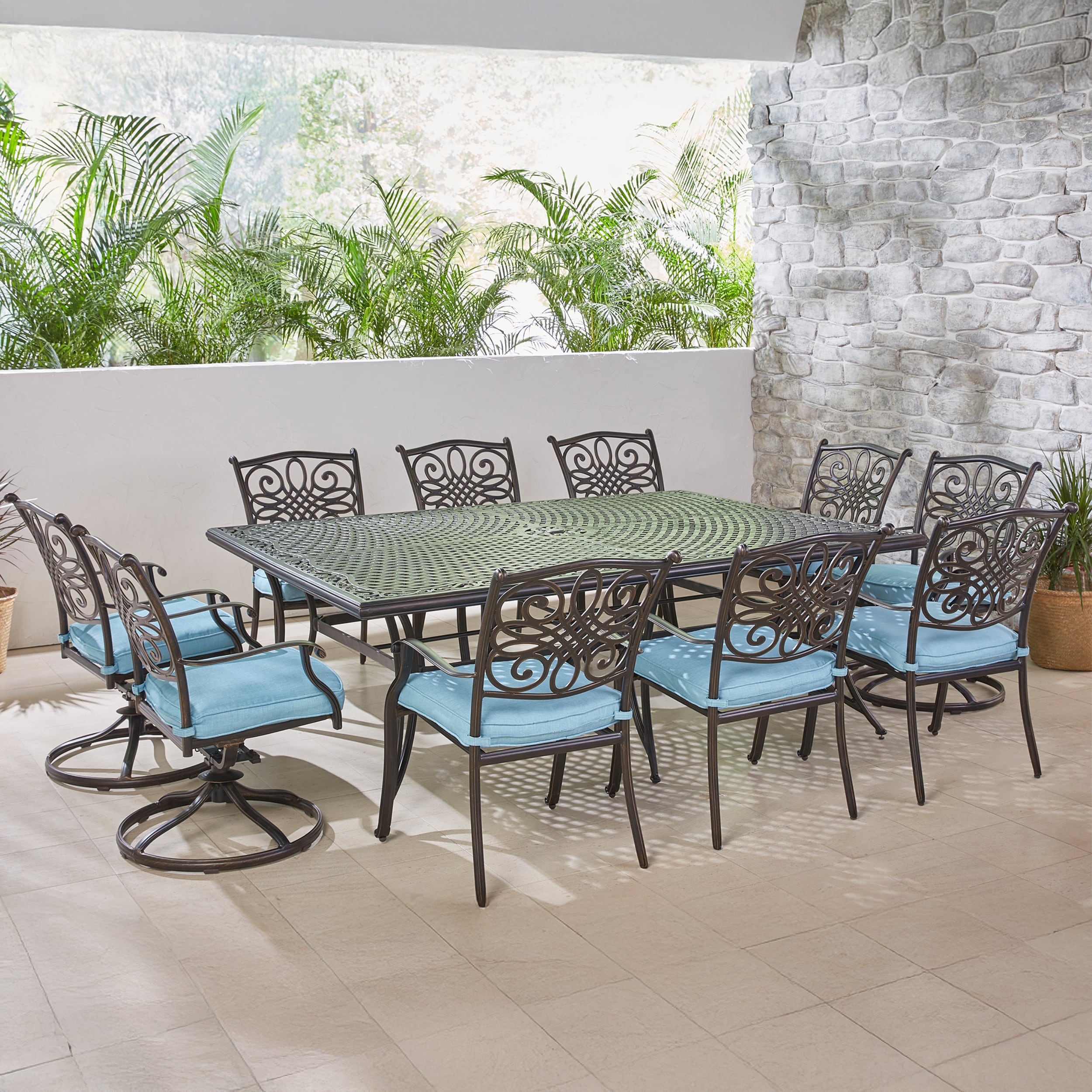 Hanover TRADDN11PCSW4-BLU Traditions 11 -Piece Bronze Patio Dining Set Aluminum Rectangle Table with 10 Blue Cushions Stationary and Motion Chairs