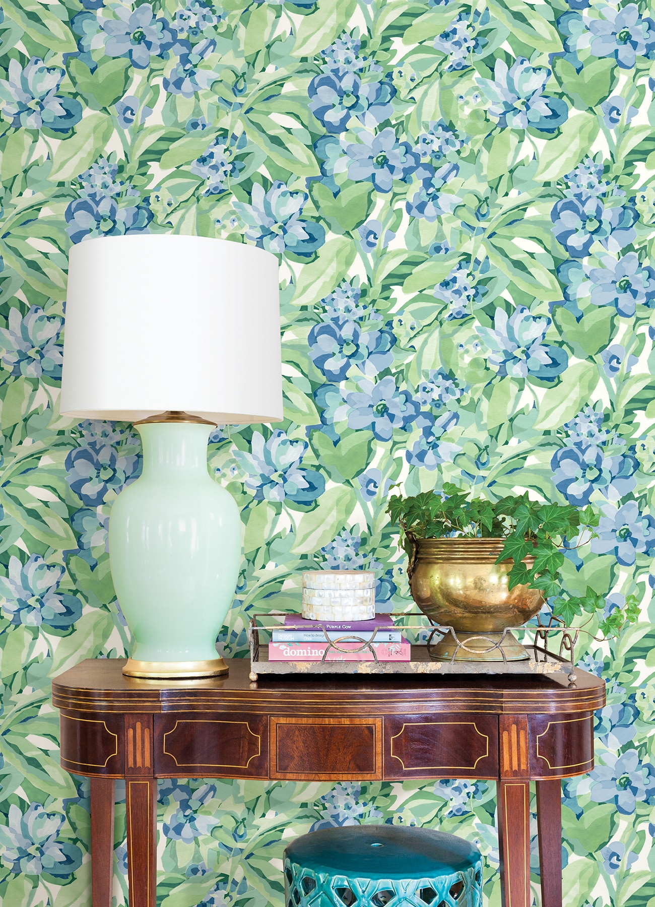 Heather Green and Blue Vinyl Floral Peel and Stick Wallpaper