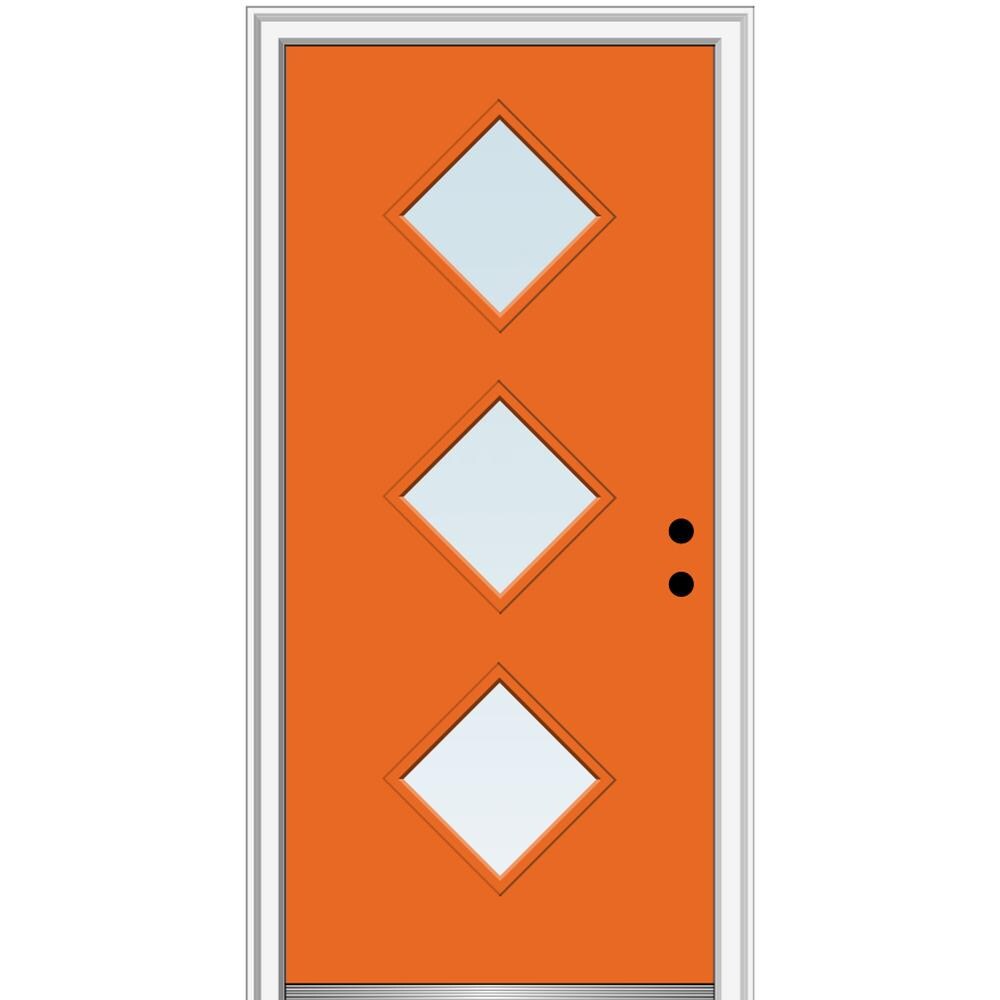 MMI DOOR ZZ346256L Spotlights 30-in x 80-in x 4-9/16-in Fiberglass Pulse lite Left-hand inswing Tangerine Painted Prehung Front Door with Brickmould Insulating core