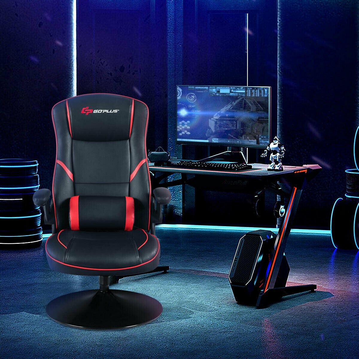 CASAINC Black and Red Contemporary Ergonomic Swivel Faux Leather Gaming ...