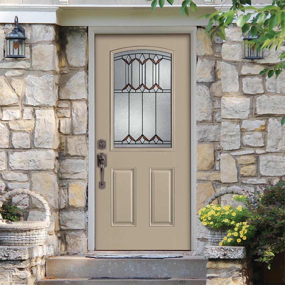 Masonite Park Hill 36 in x 80 in Fiberglass Half Lite Right Hand Inswing Sandy Shore Painted Single Front Door with Brickmould Insulating Core in the Front Doors department at Lowes