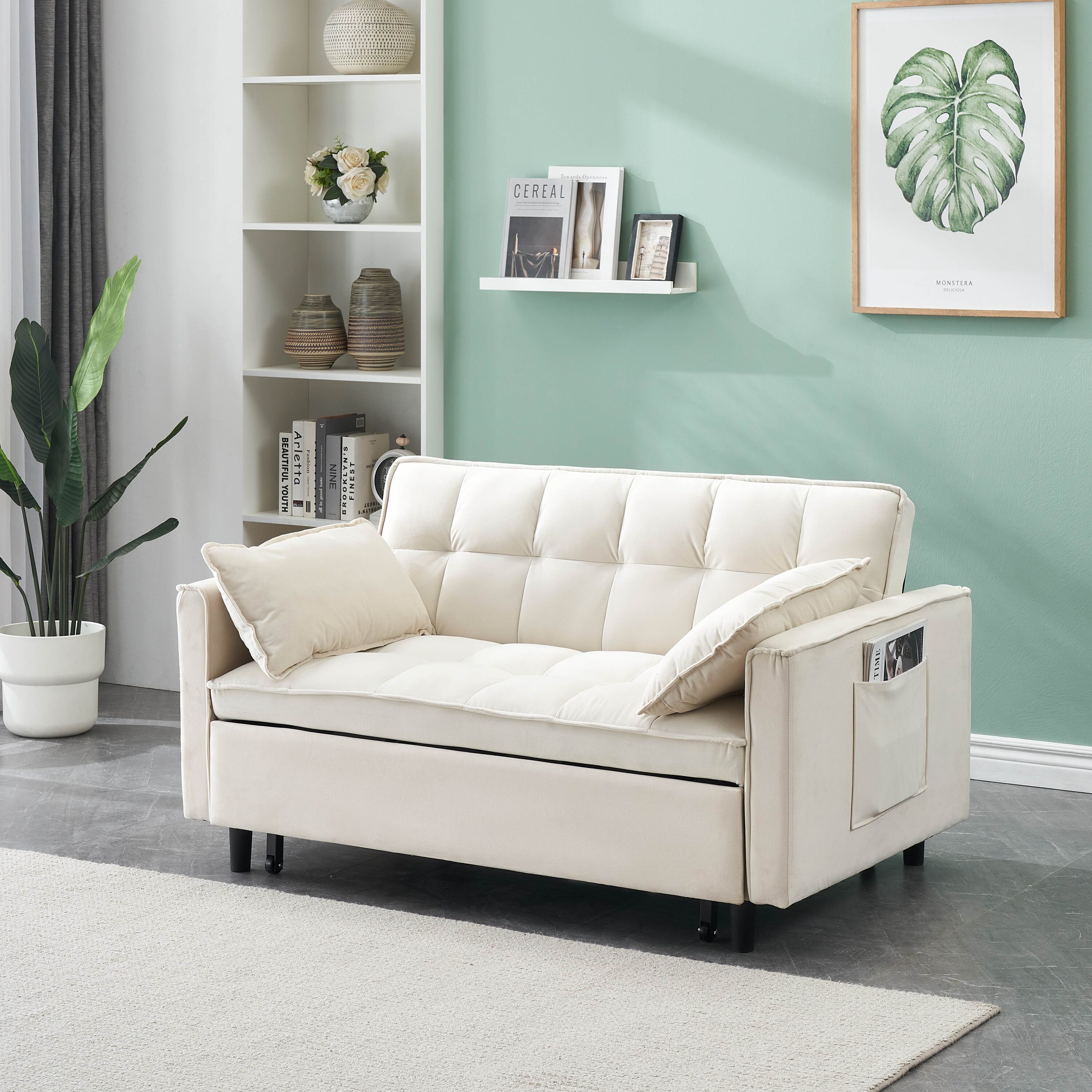 LUXEYARD - Modern Velvet 3 in 1 Convertible Sofa Bed Pull Out Small Loveseat Pillow Pocket