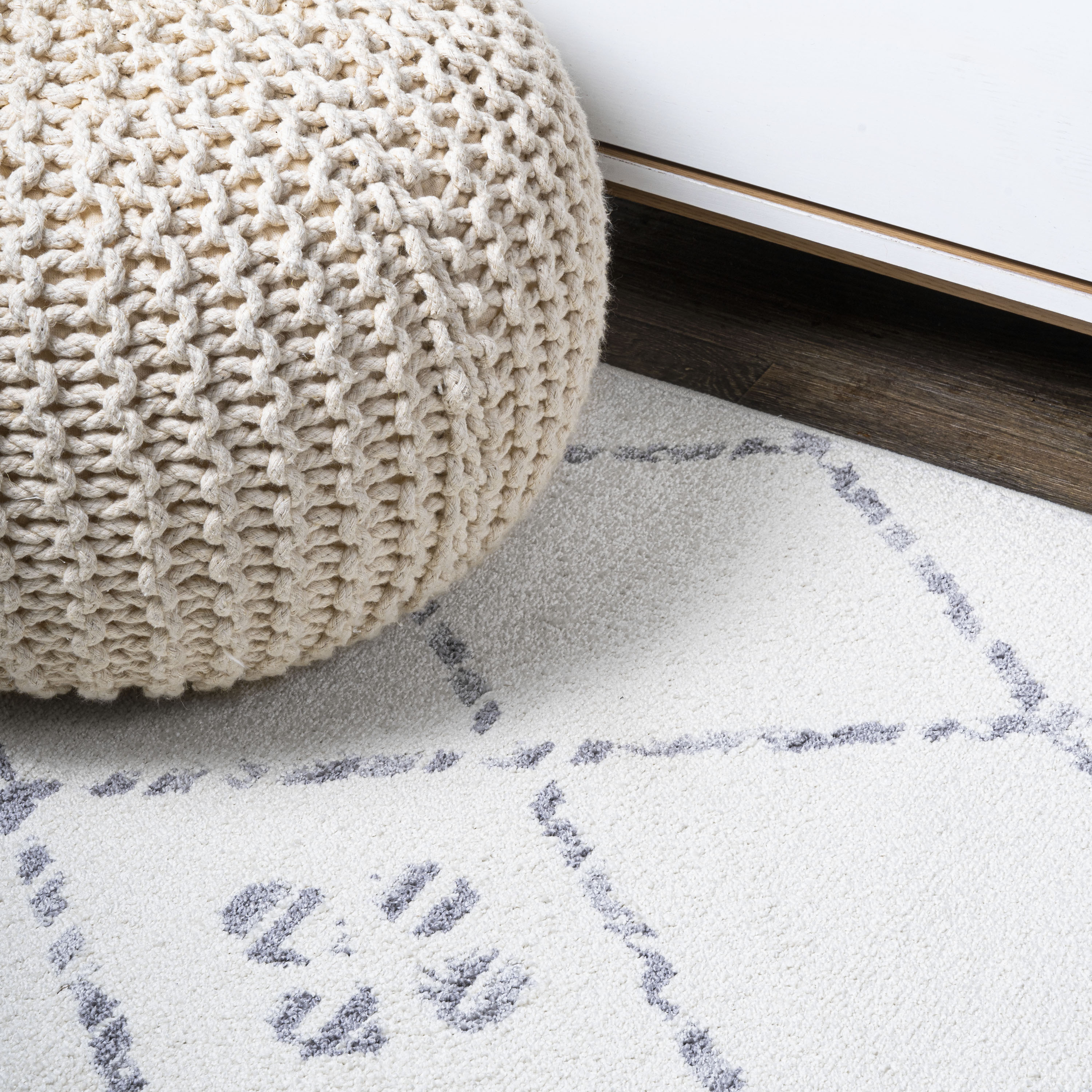Ivory and Gray Moroccan Geometric Short Pile Area Rug