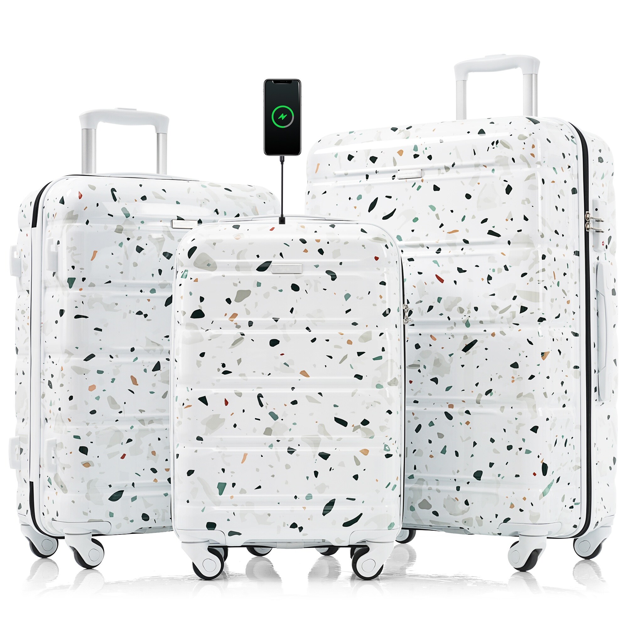 LUXEYARD Luggage Set of 3 20-inch with USB Port Airline Certified Carry-on Luggage   ABS+PC Hard Shell Luggage with Spinner Wheelsstarry sky white