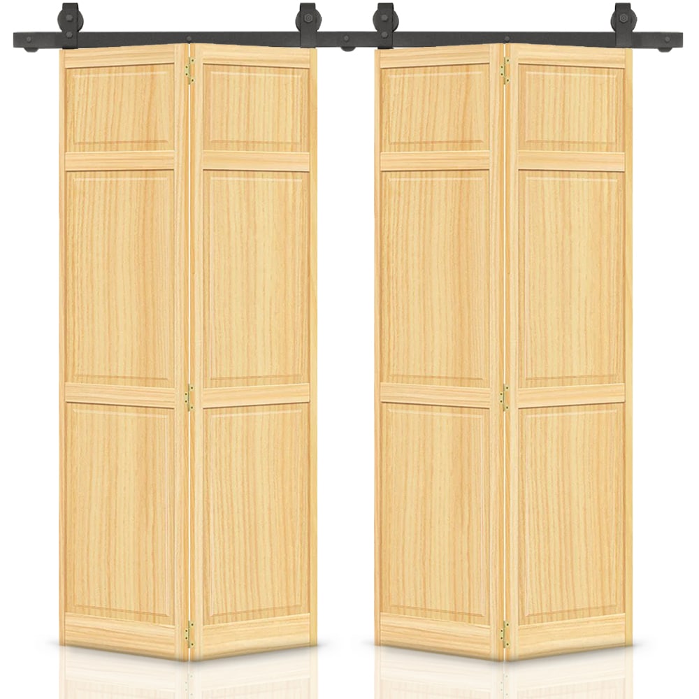 CALHOME 1300-4T+BYC01-24NW(2 48-in x 80-in Unfinished Unfinished Pine Wood Solid core Double bifold Barn Door (Hardware Included)