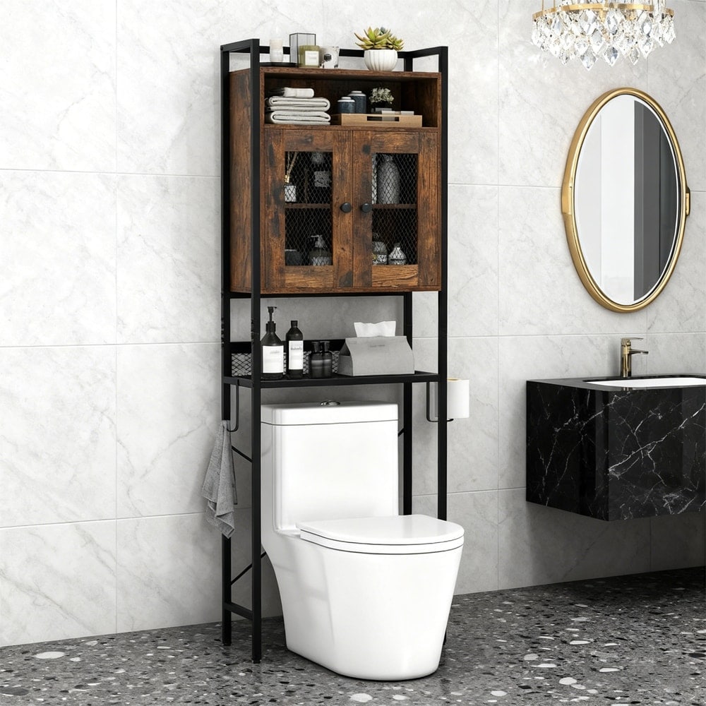 Tinyhomie Over the Toilet Storage Cabinet with Heavy Duty Metal Frame 2 Door Freestanding