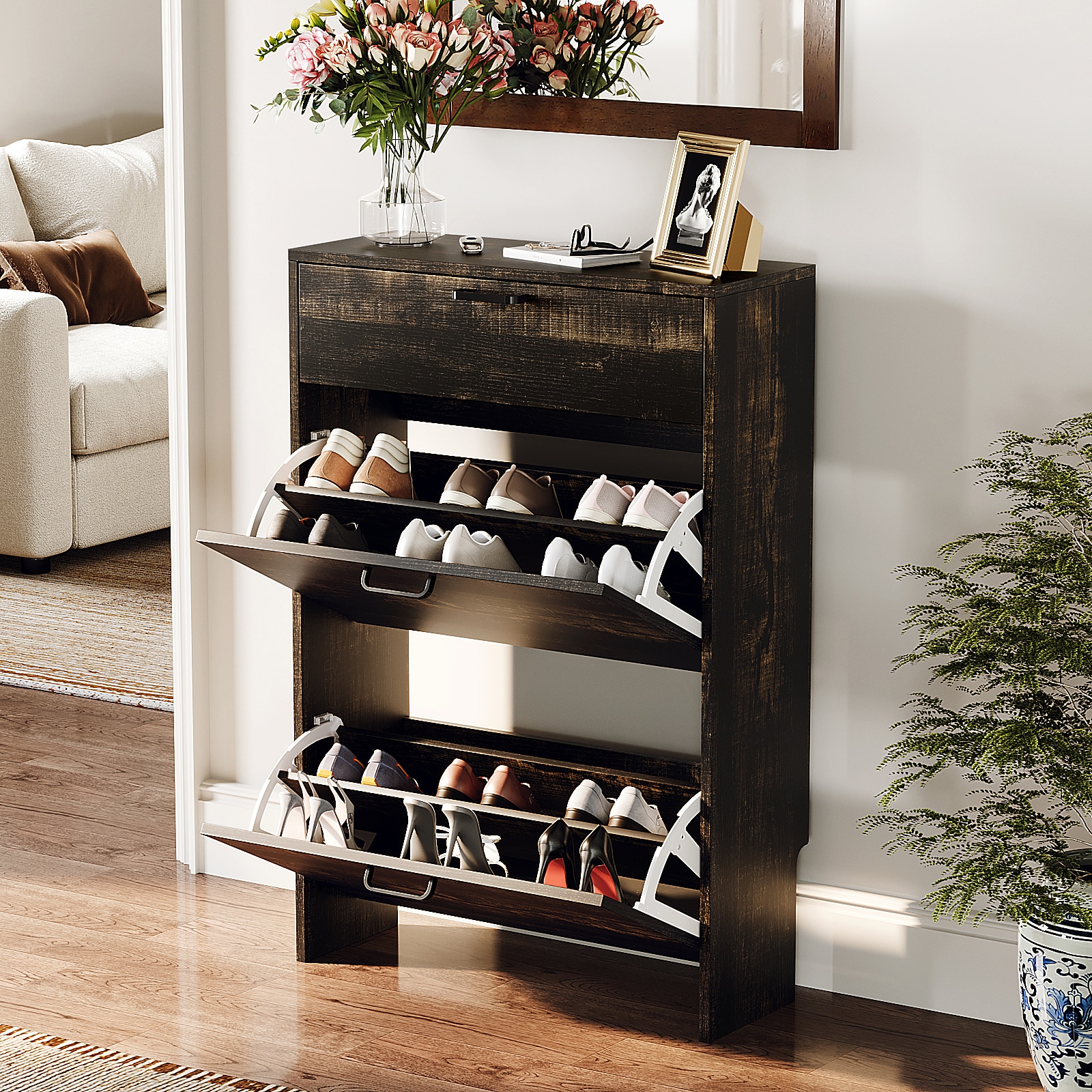 VINGLI 9.4D x 25W x 37H Shoe Cabinet Storage for Entryway Ultra Slim with 2 Flip and 1Drop-Down Drawers Rustic Oak
