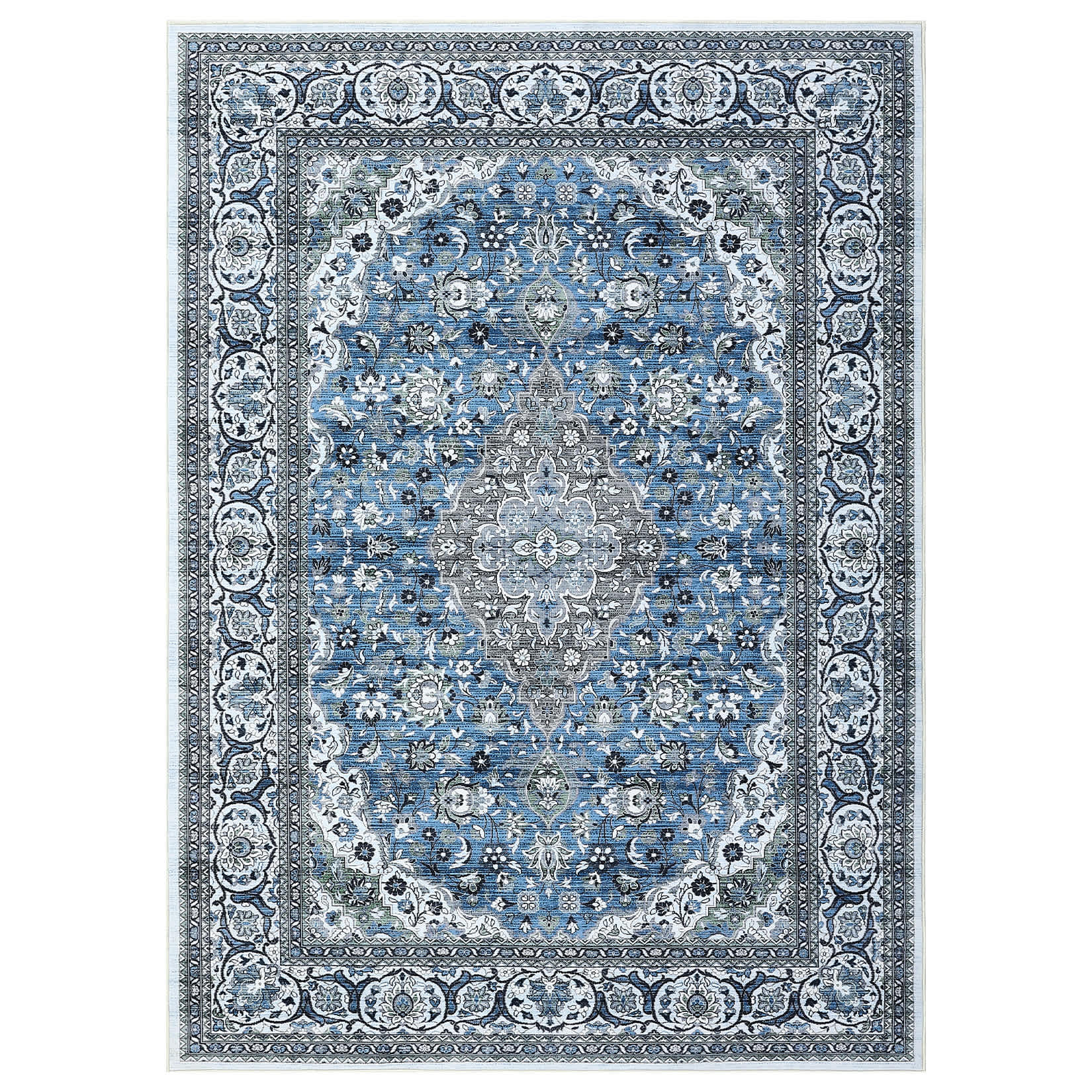 Qeetex LSN-PHO-0YNIJ9XP 8 x 10 ft Polyester Imitation Cashmere Blue Rectangular Hallway Bathroom Entryway Kitchen Office Foldable Flower Printed Persian Washable Area Rug