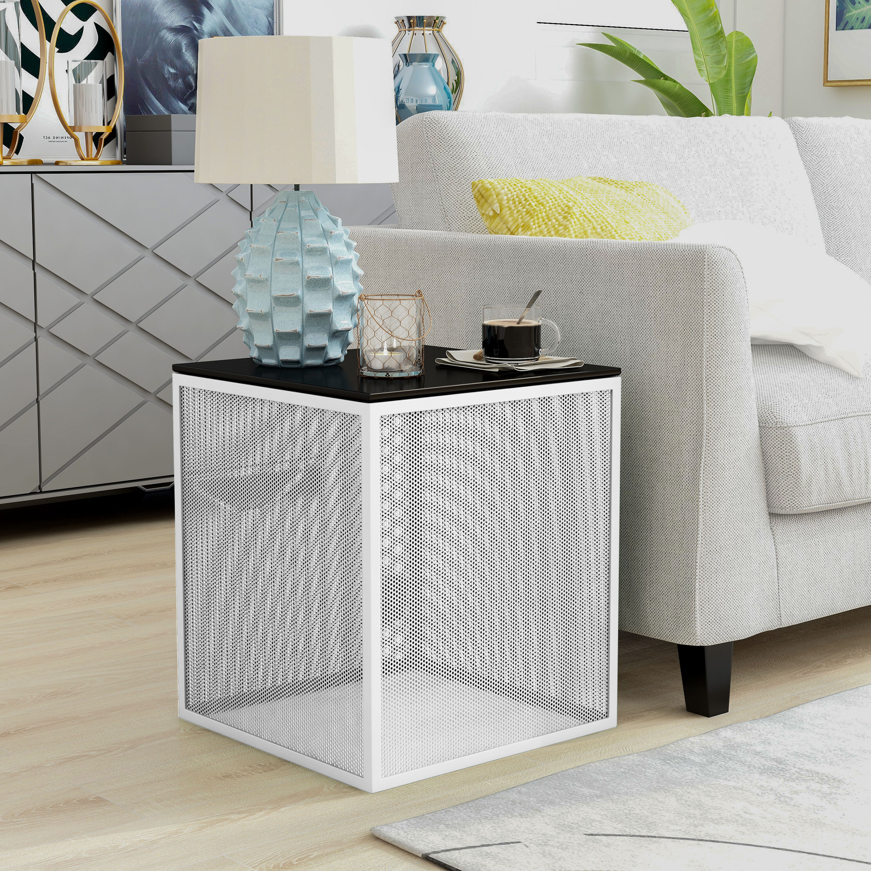 Furniture of America IDF-AC348WH Dessi 15.75-in W x 18.13-in H White and Black Glass Square Modern End Table Assembly Required