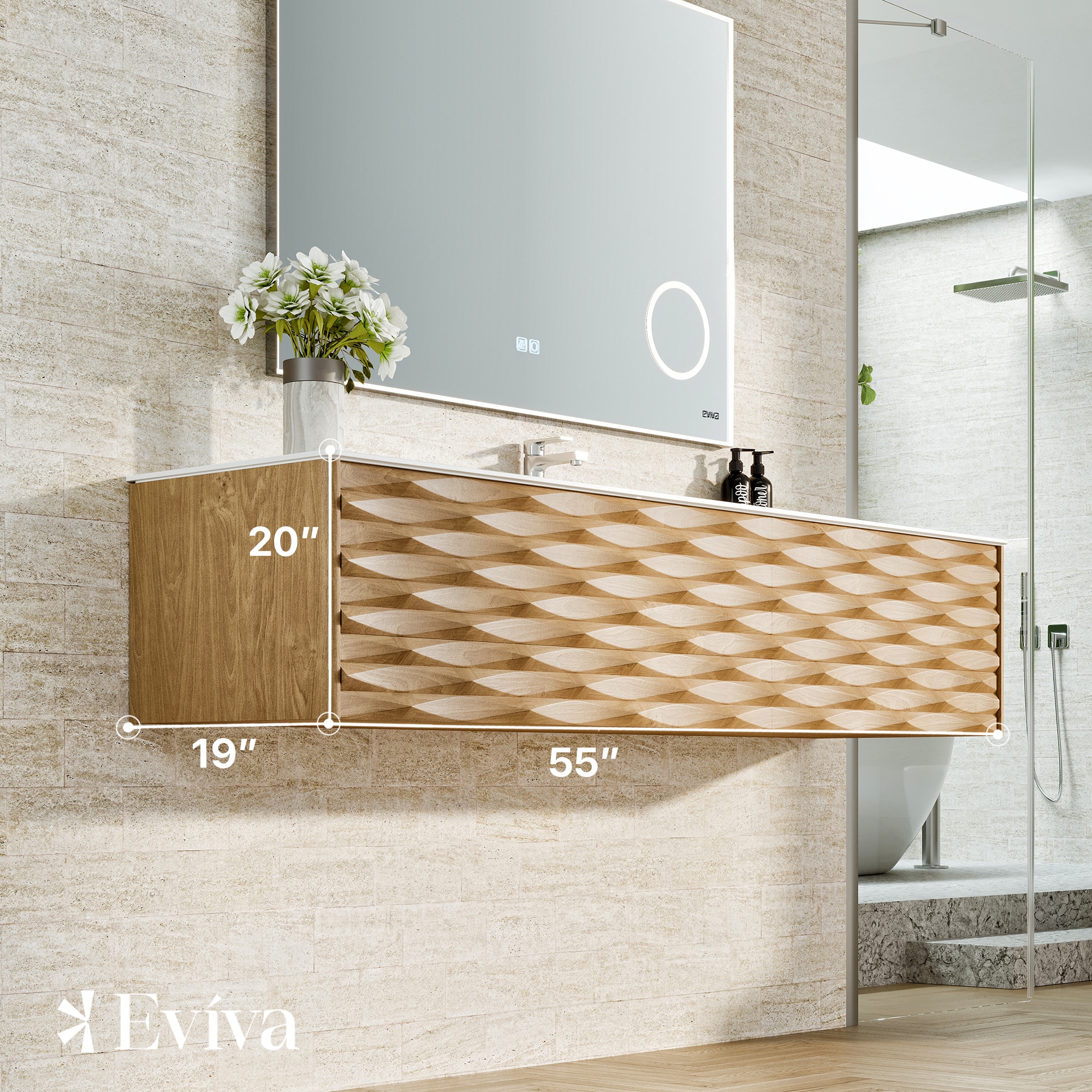 Eviva Oahu 55 in. W Solid Wood Floating Bath Vanity in Natural Oak with White Solid Surface Top