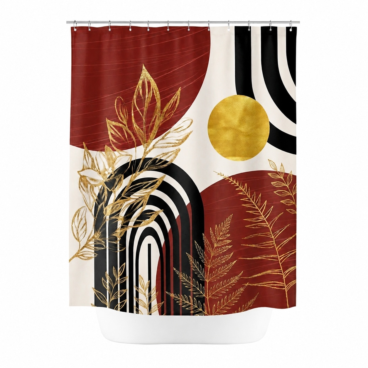 Phyfalip  Burgundy Dark Red Shower Curtain Waterproof Fabric Mid Century Boho Bathroom Decor Gold and White Accents 70 x 84 Inch with Hooks