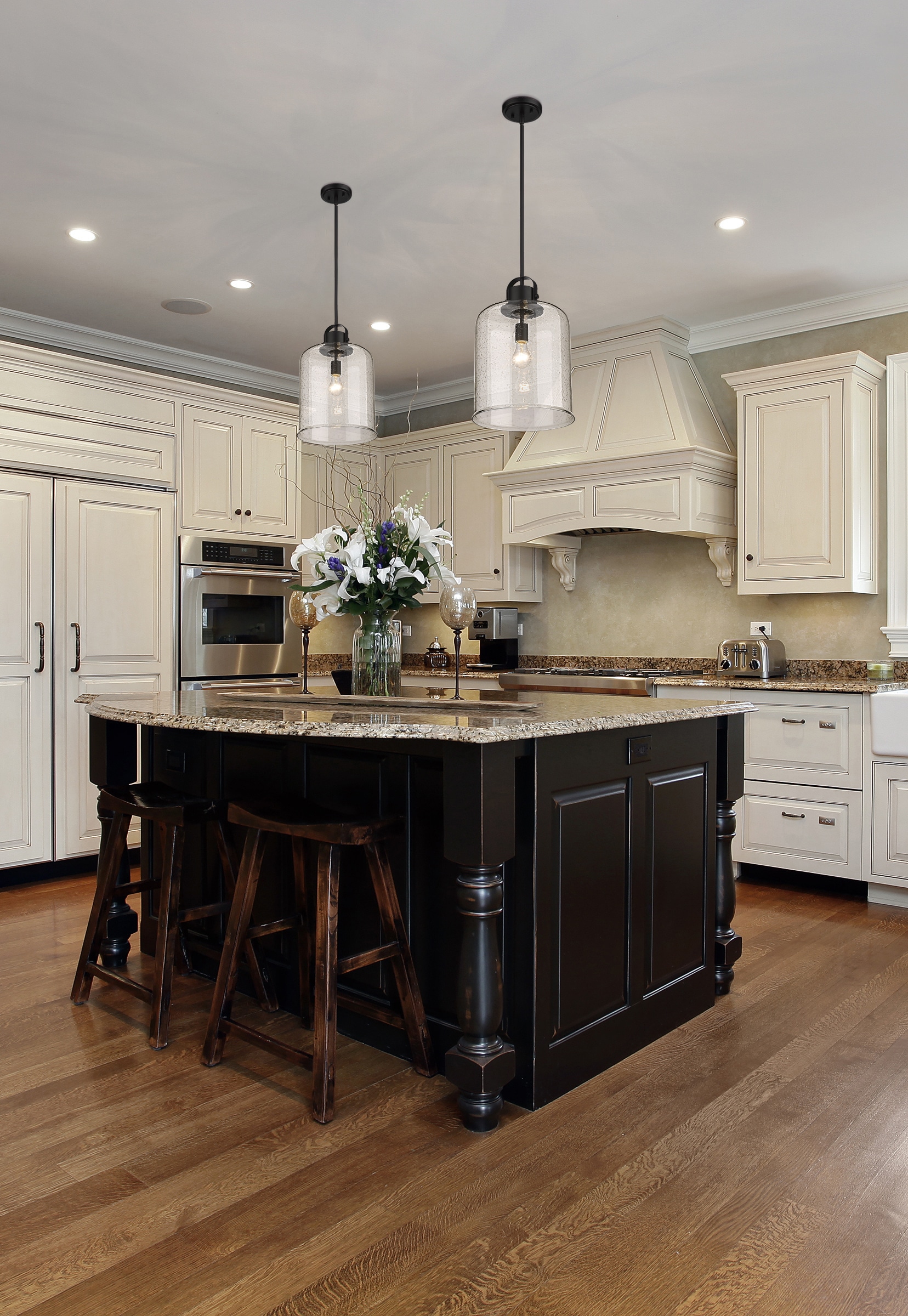 Kinsley 12" Transitional Matte Black Globe Pendant with Clear Seeded Glass