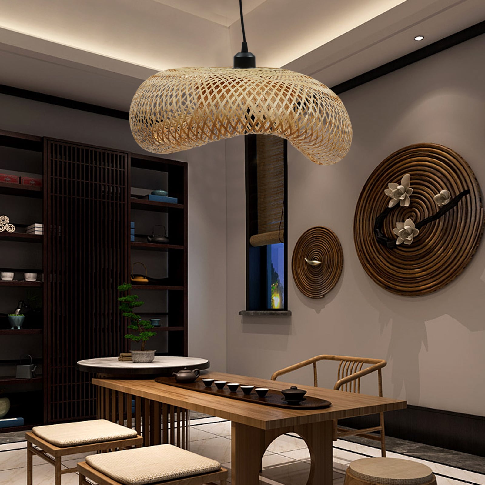 Oukaning HG-LMLZBY-2504-1 Bamboo Farmhouse Square Medium Hanging Kitchen island light