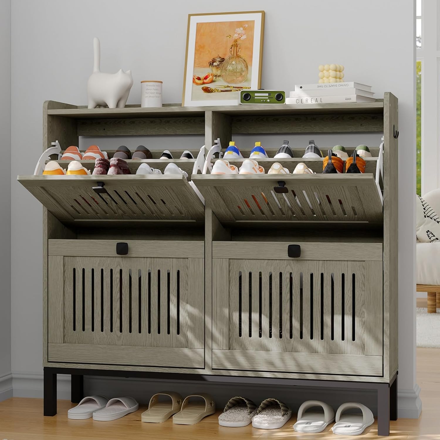 GAOMON Flip front shoe cabinet with 4 doors adjustable shelves freestanding hidden entryway shoe organizer large capacity grey