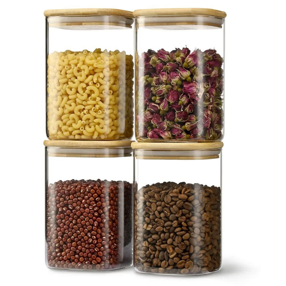 Aoibox  4 Pack 37oz Glass Storage Canister Square Airtight Bamboo Lid Stackable Jar 1100ml 10x10x15.7cm Kitchen Pantry Container for Flour Coffee Noodles