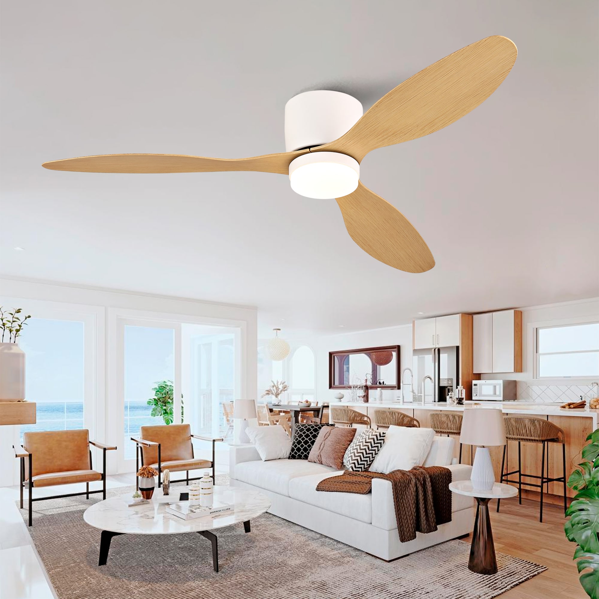 JUSHUA 52-in Low Profile Flush Mount Ceiling Fan with LED Light ABS Blades 6 Speeds Remote Control Reversible DC Motor for Bedroom Living Room Patio
