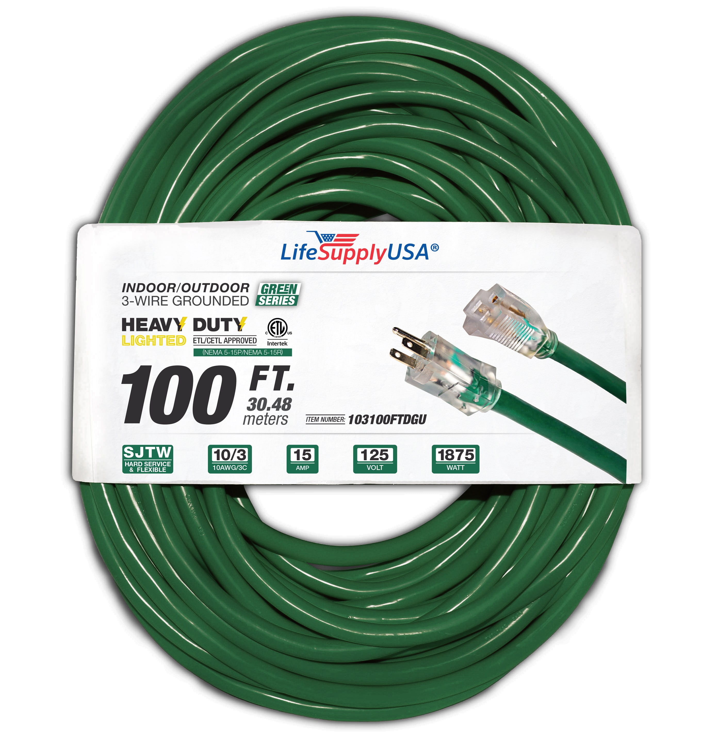 LifeSupplyUSA 100-ft 10/3-Prong Indoor/Outdoor Sjtw Heavy Duty Lighted Extension  Cord in the Extension Cords department at
