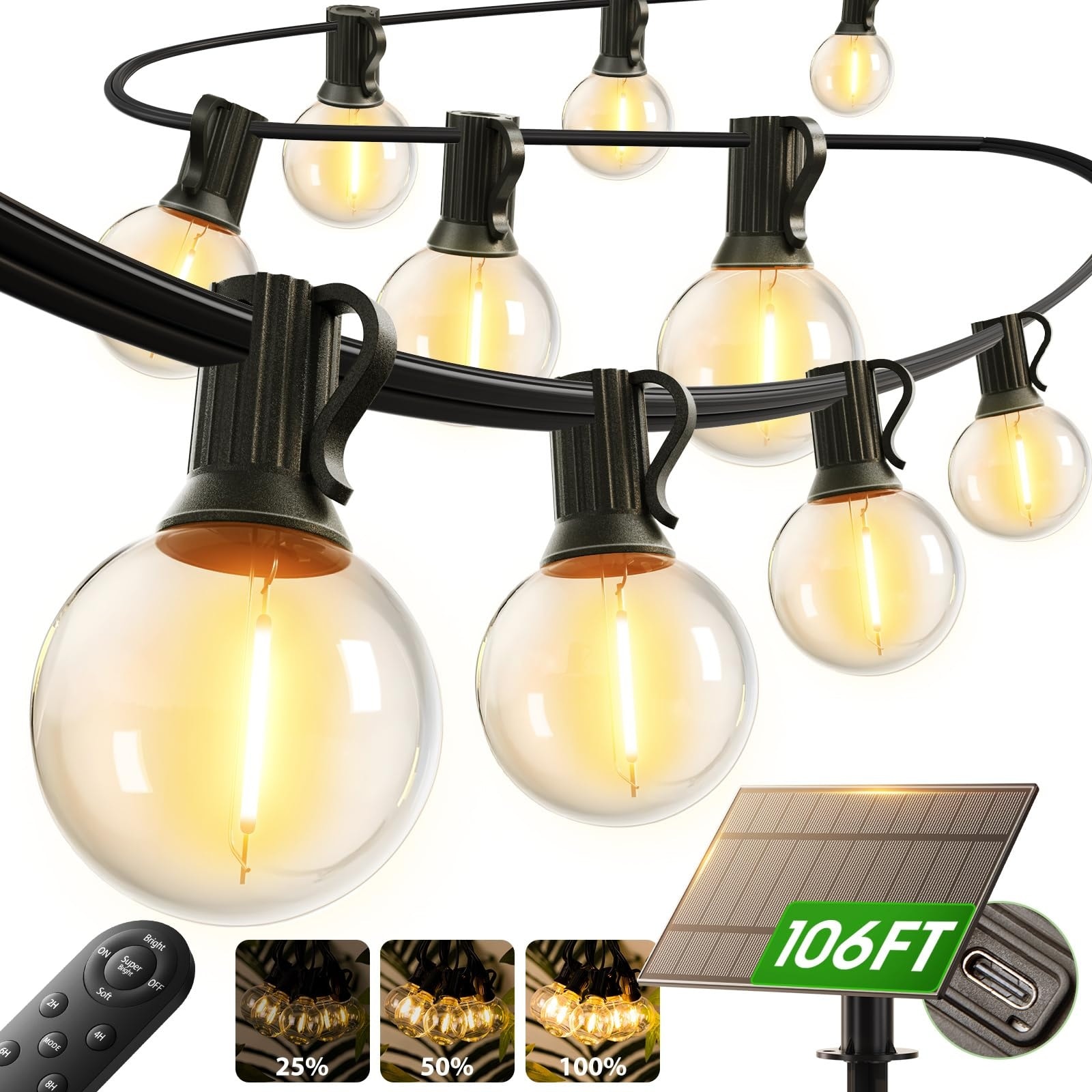Oyezvary  100FT Solar String Lights Outdoor with Remote Control 54 LED Shatterproof Bulbs Dimmable Waterproof 3 Modes for Patio Garden Party