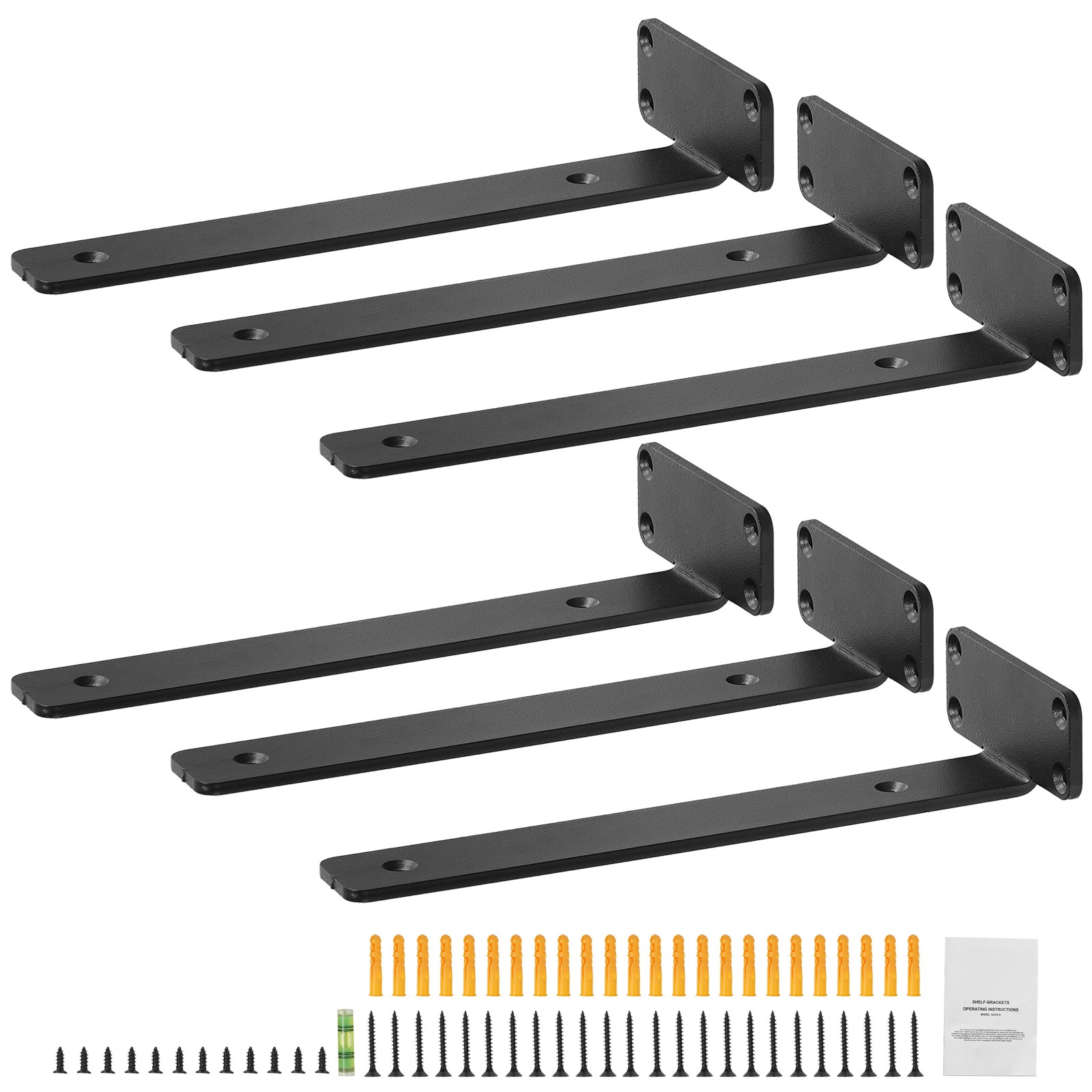 GIVIMO 12-in Heavy Duty Floating Shelf Brackets 6-Pack Matte Black L-Brackets for Shelves 160-lb Load Capacity 5-mm Thick Carbon Steel Shelving Brackets with Bubble Level Powder-Coated Rust-Resistant Wall Mount Supports for Kitchen Office and Garage