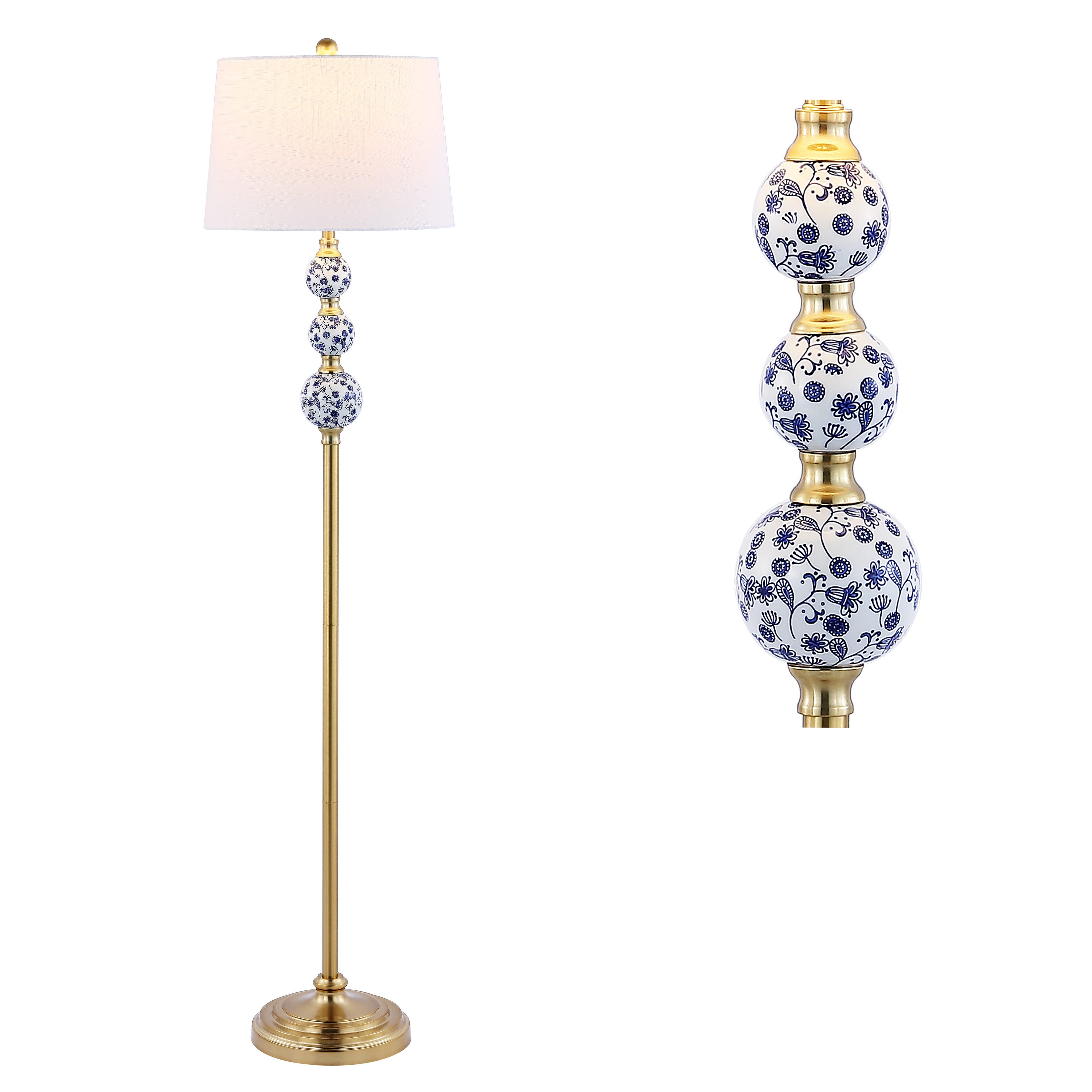 JONATHAN  Y Tavira Iron Classic Mid-Century 62.5-in Brass Gold/Blue Stick Floor Lamp with Linen Shade