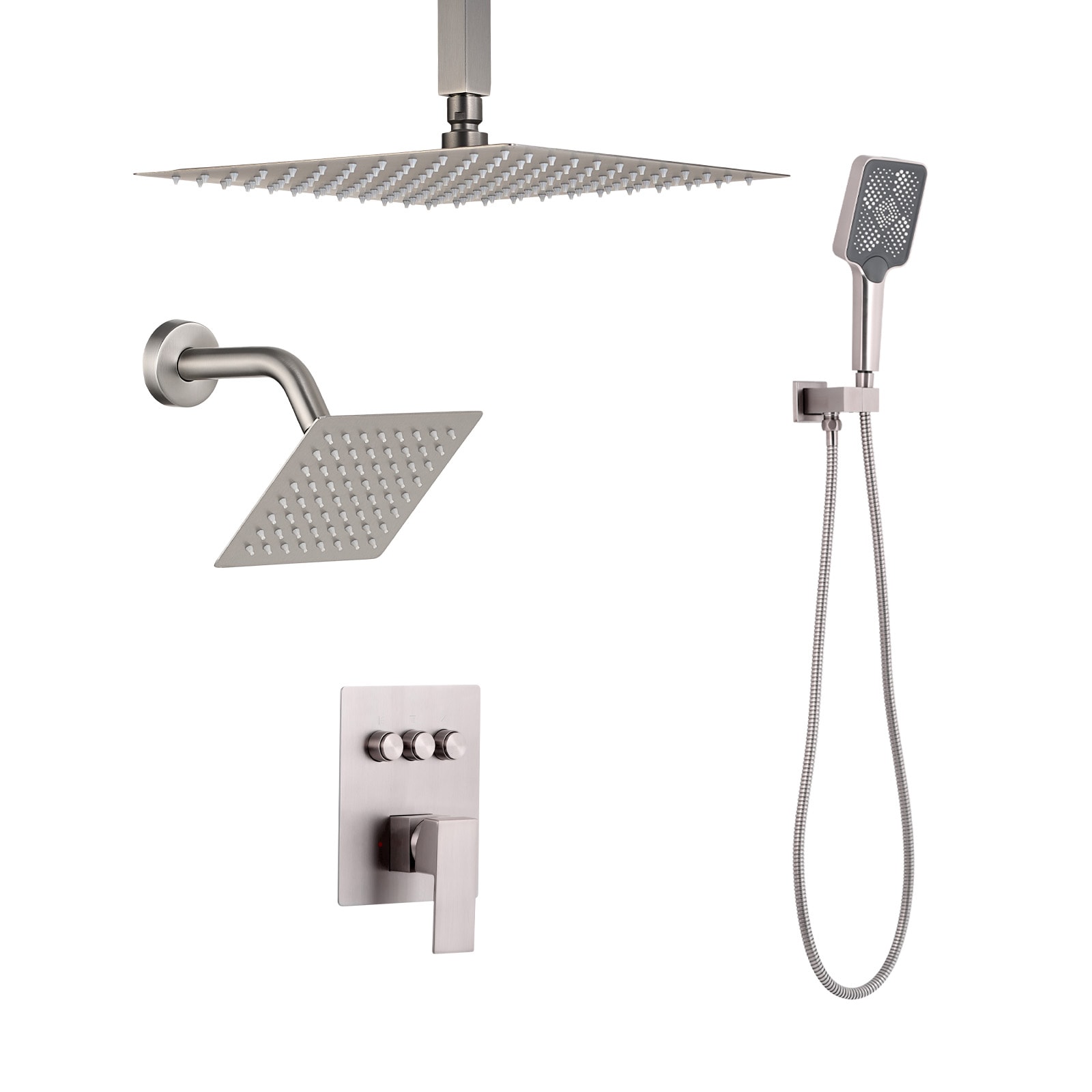 VEVOR Shower Faucet Set  12 Inch Ceiling Mount Rainfall Shower System with 6 Inch Wall Mount Head and 4 in 1 Handheld Spray  Rotatable 3-Function Dual Rain Head Brass Valve and Trim Kit  Brushed Nickel