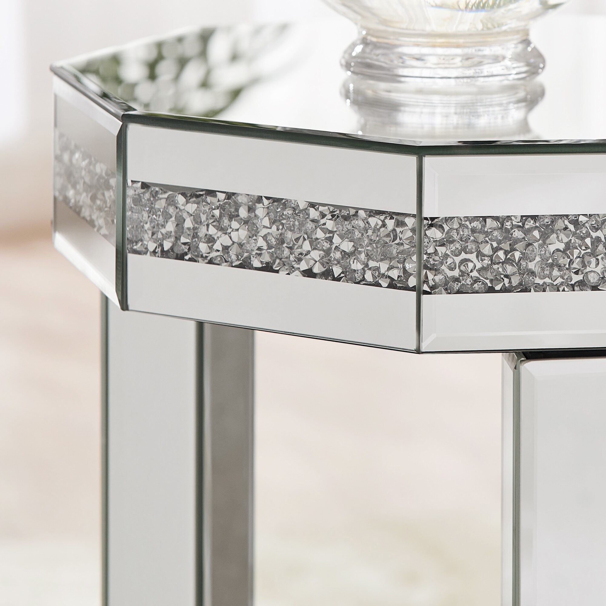 LOVMOR Mirrored Octagon End Table With Crystals Inlay 2 Tier
