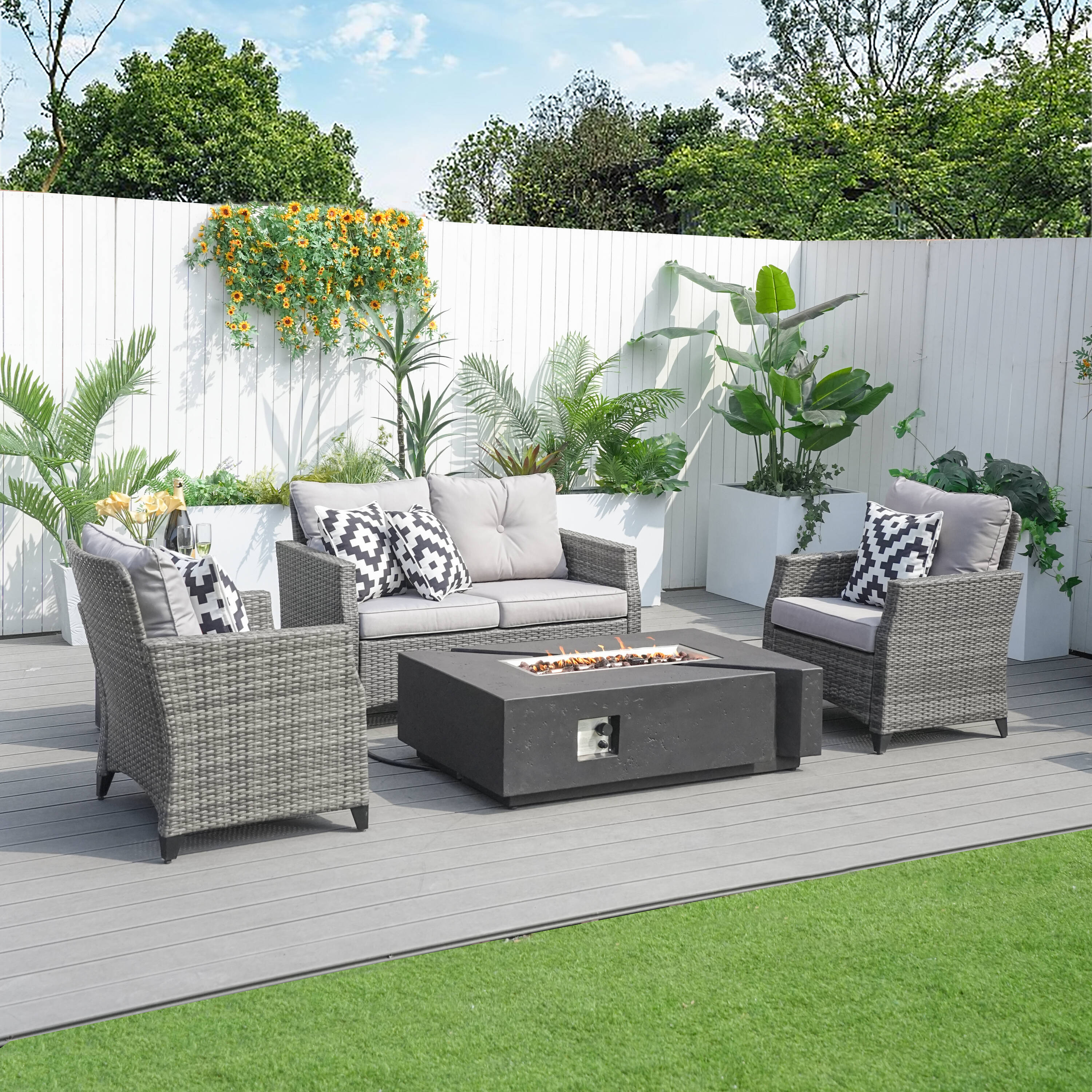 Direct Wicker DWG-1801PG&24913BK 5 -Piece Wicker 3 Patio Sofa Conversation Set with Gray Cushions