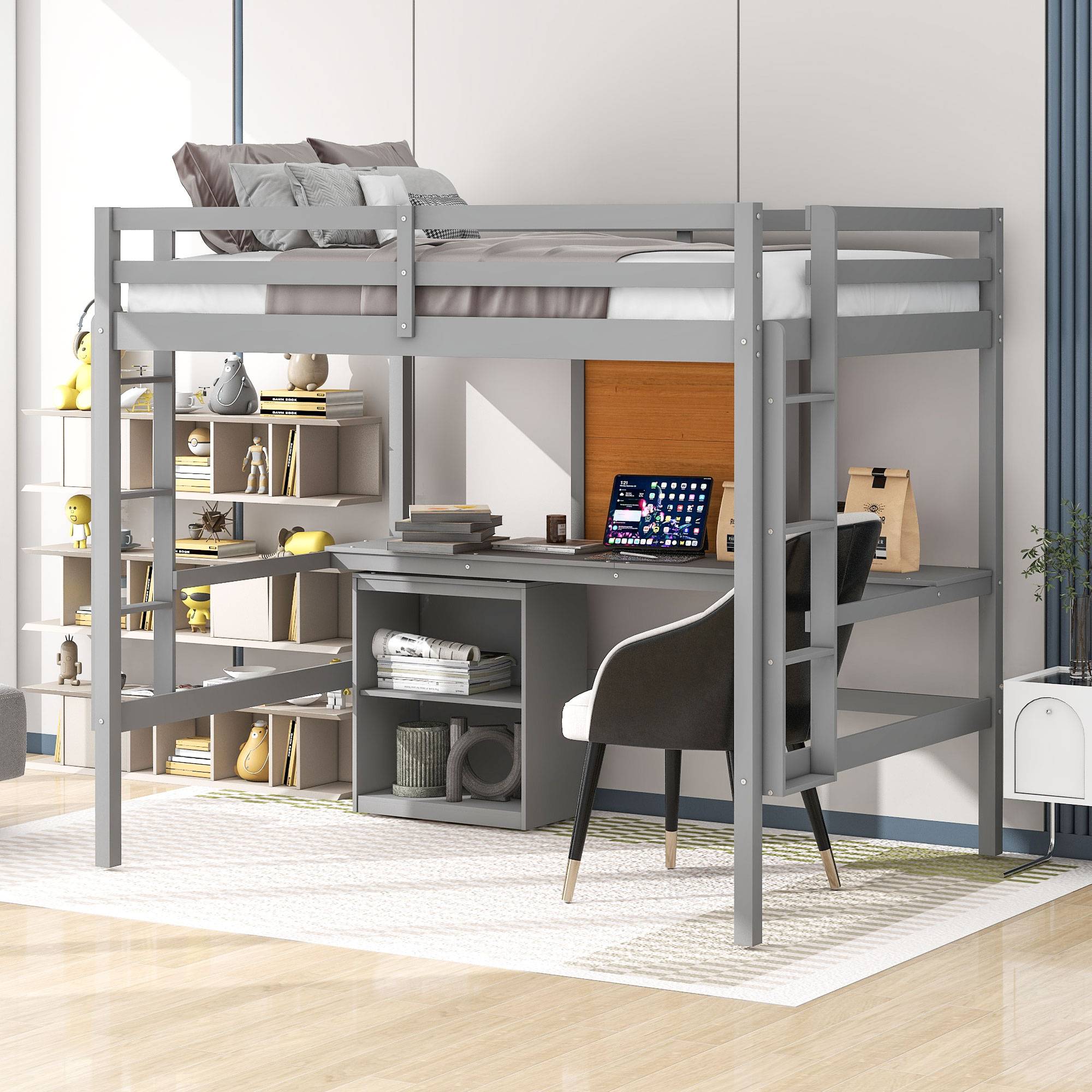 Yiekholo Gray Full Study Loft Bed with Writing Board, Built-in Desk, and Storage Cabinet
