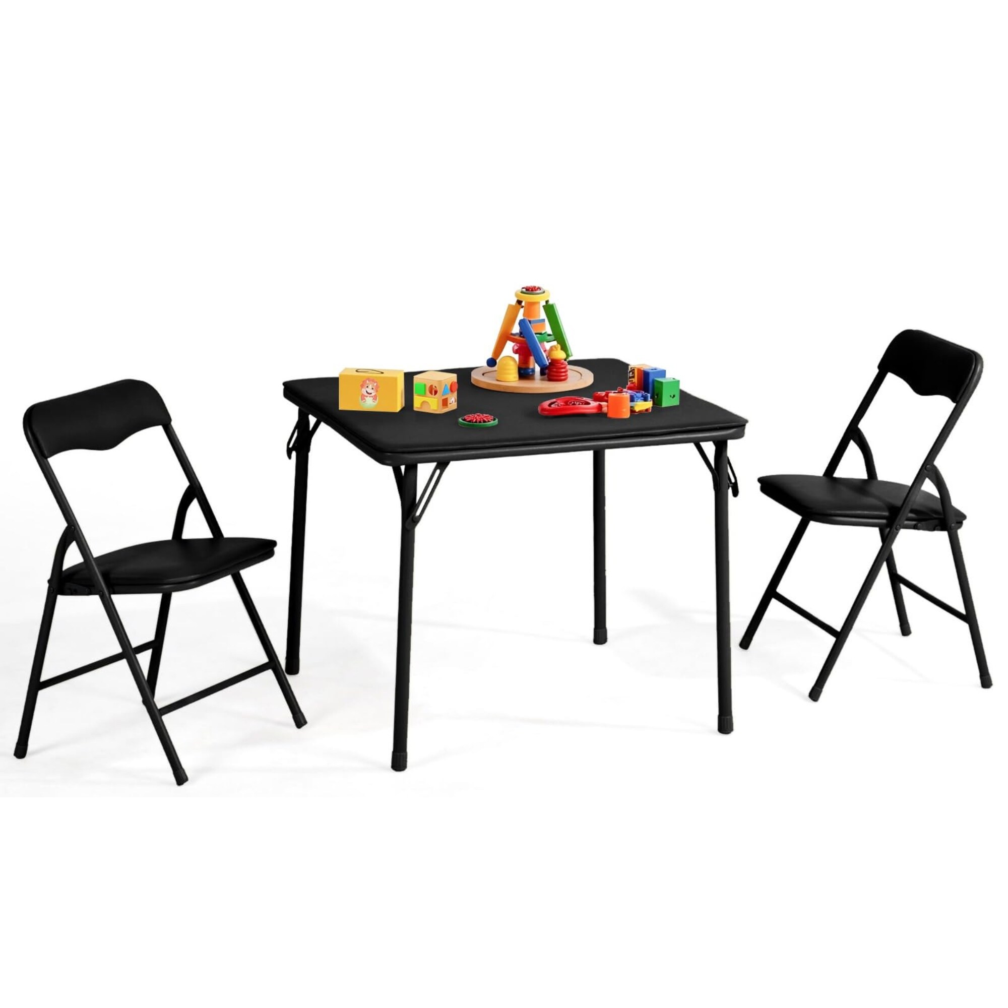 Homy Casa PAGE BLACK 1+2 TAGE 3-Piece Folding Table and Chair Set with Padded Seats Floor-Protecting Design Child-Safe Corners for Kids and Teens in Black